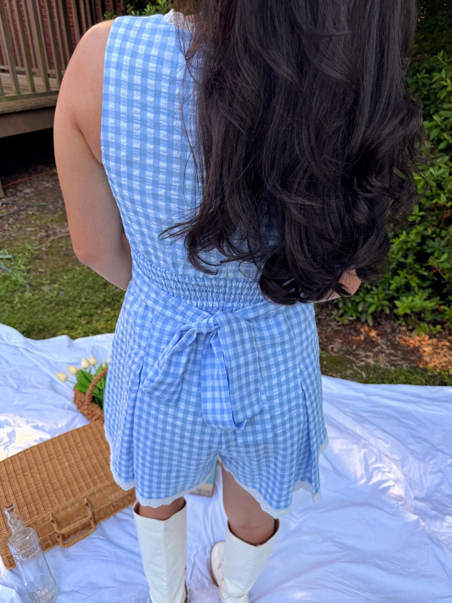 Baby Blue Gingham Lace Trim Romper