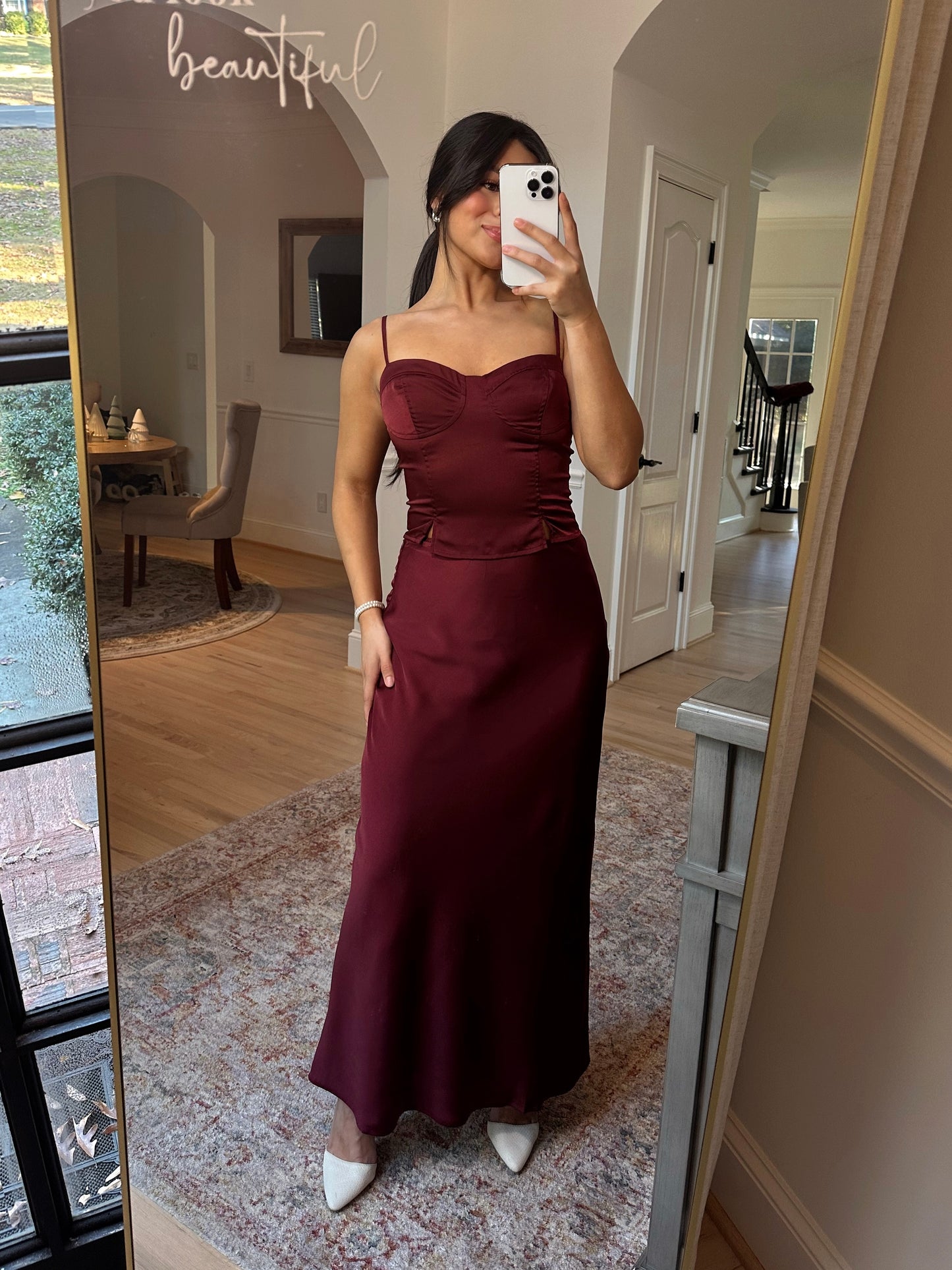Burgundy Satin Top & Skirt Set