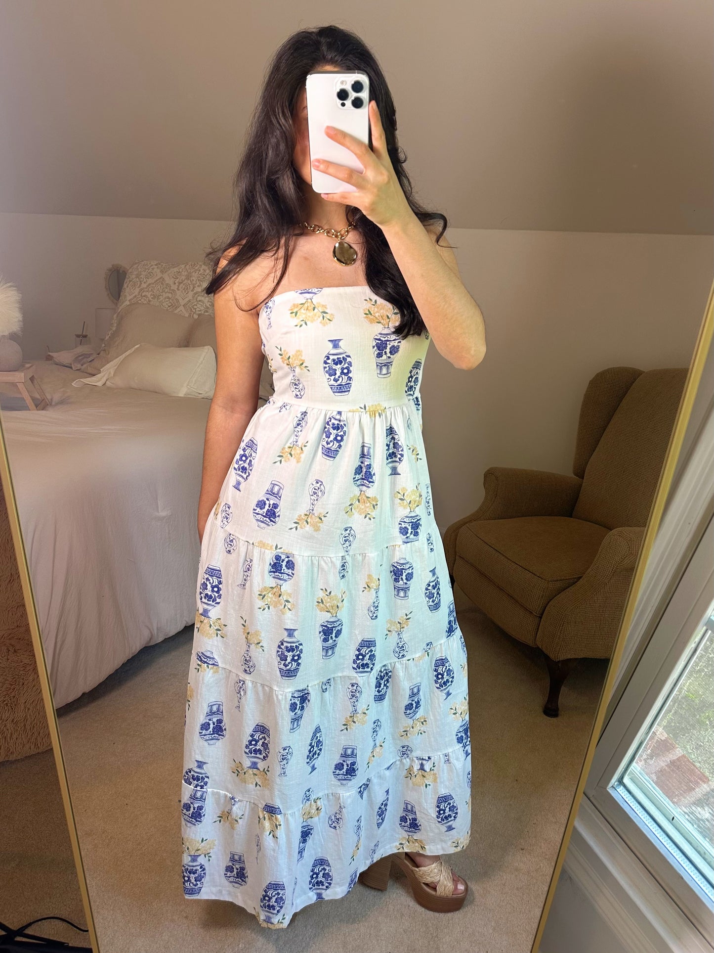 Greece Flower Vase Tube Open Back Dress