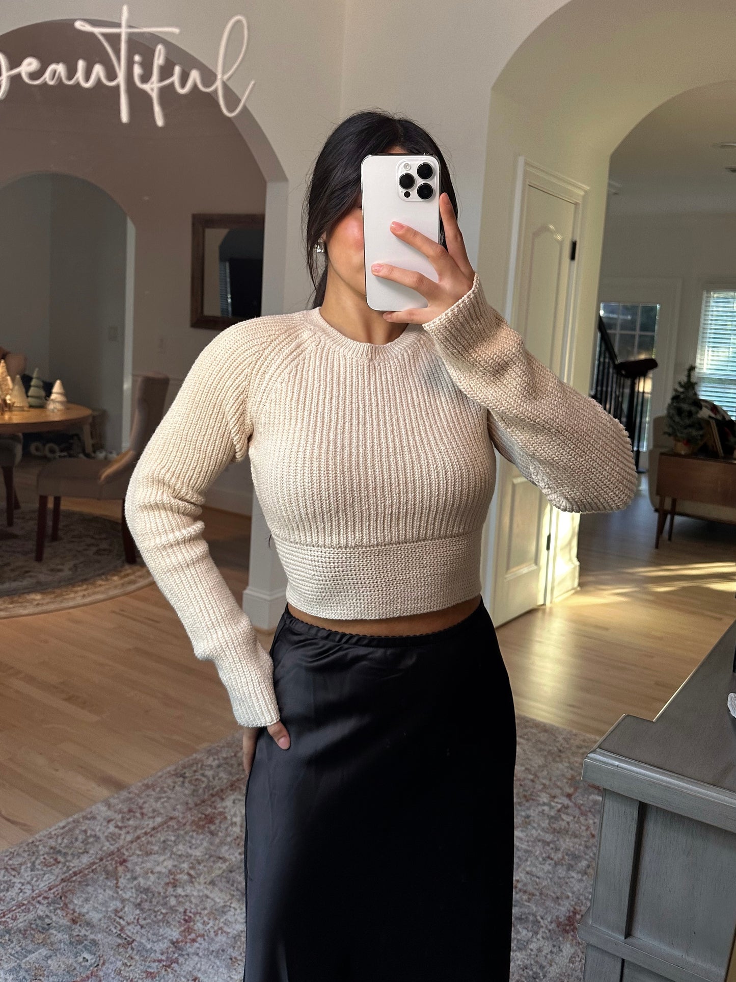 Taupe & Black Satin Bow Knit Top