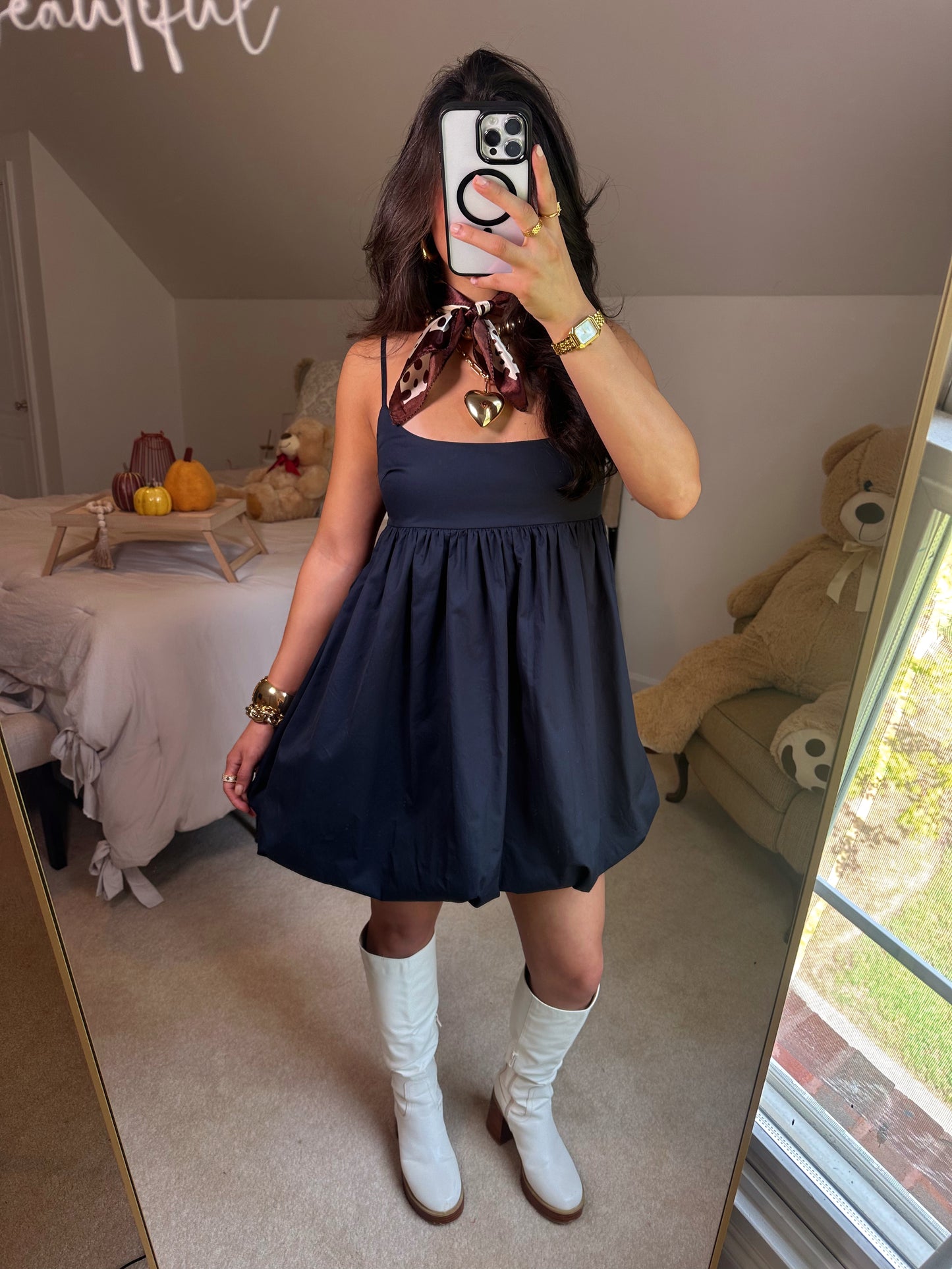 Navy Poplin Bubble Hem Dress