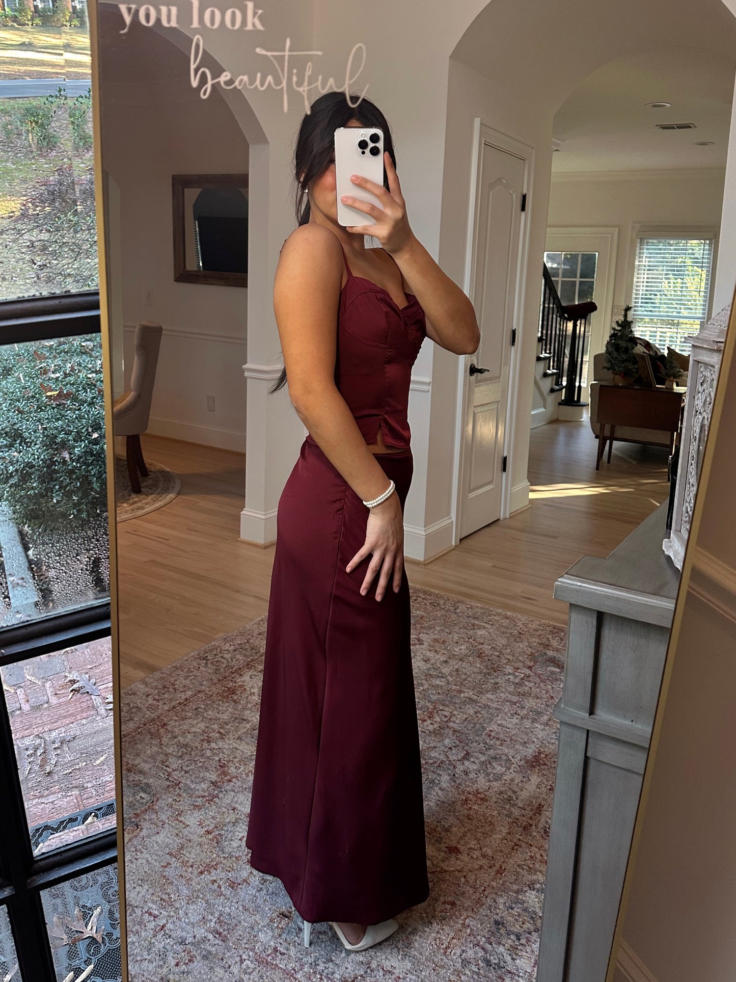 Burgundy Satin Top & Skirt Set