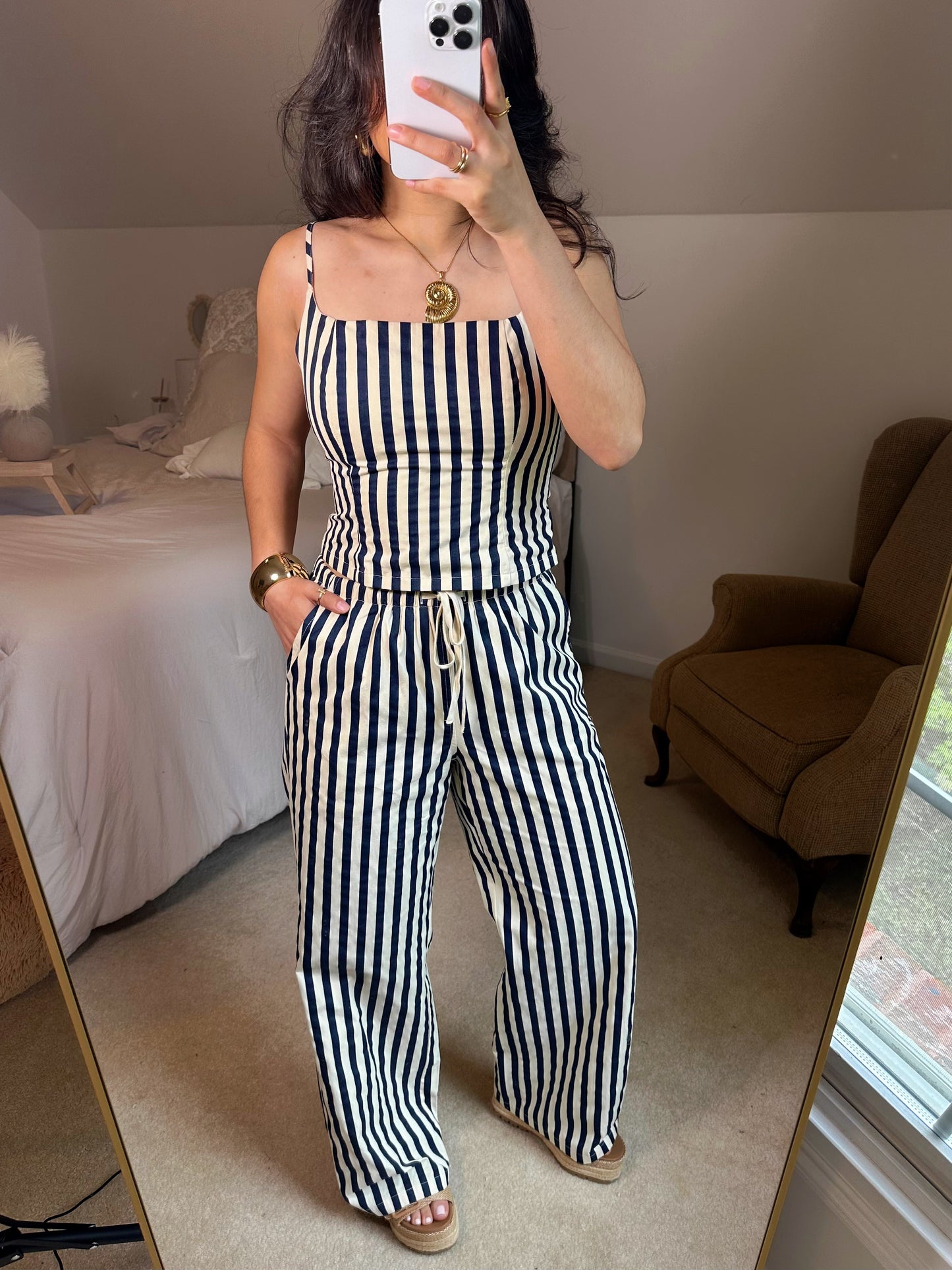 Navy & Ivory Striped Top & Pants Set