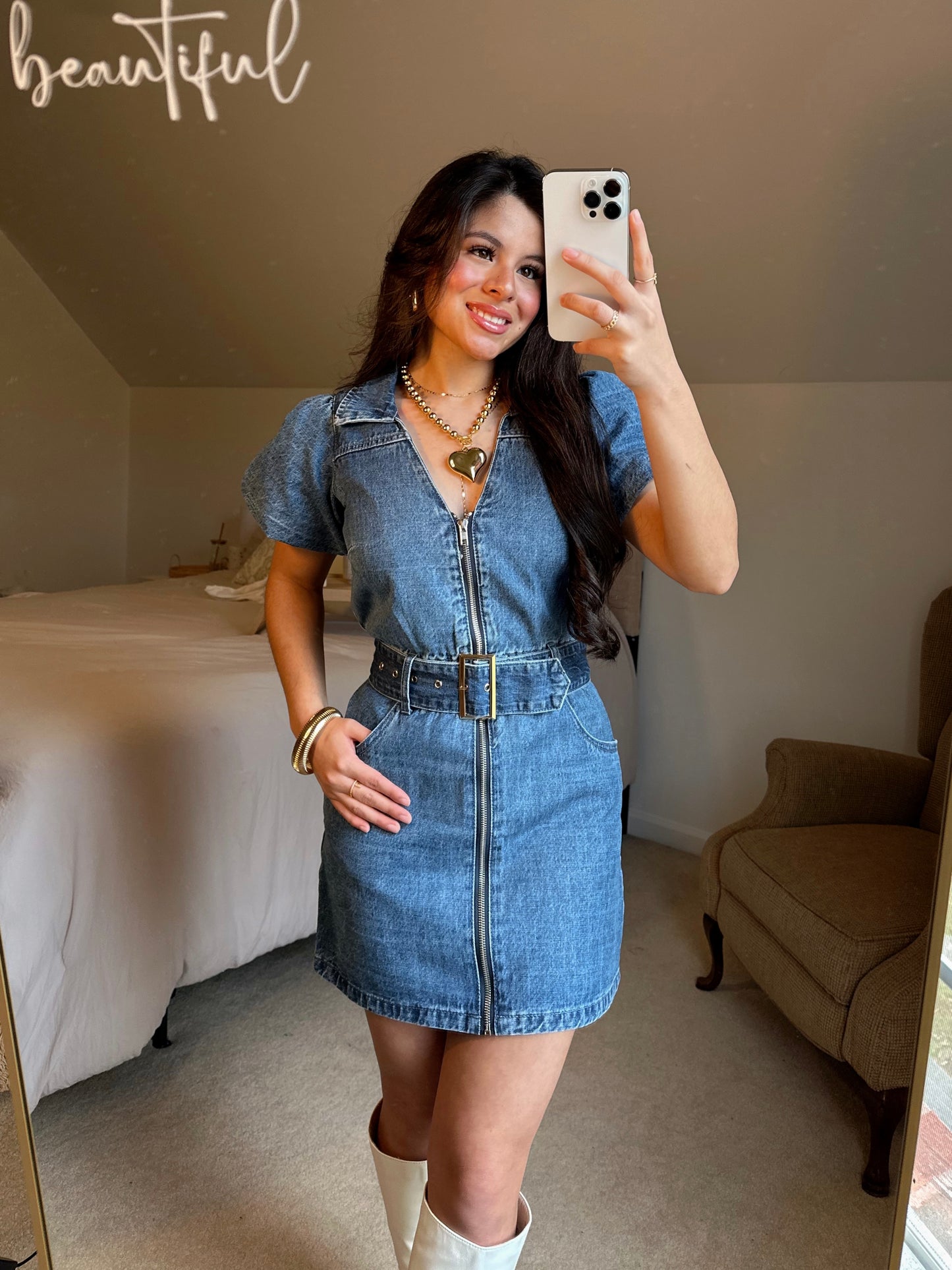 Denim Belted Zip-Up Dress