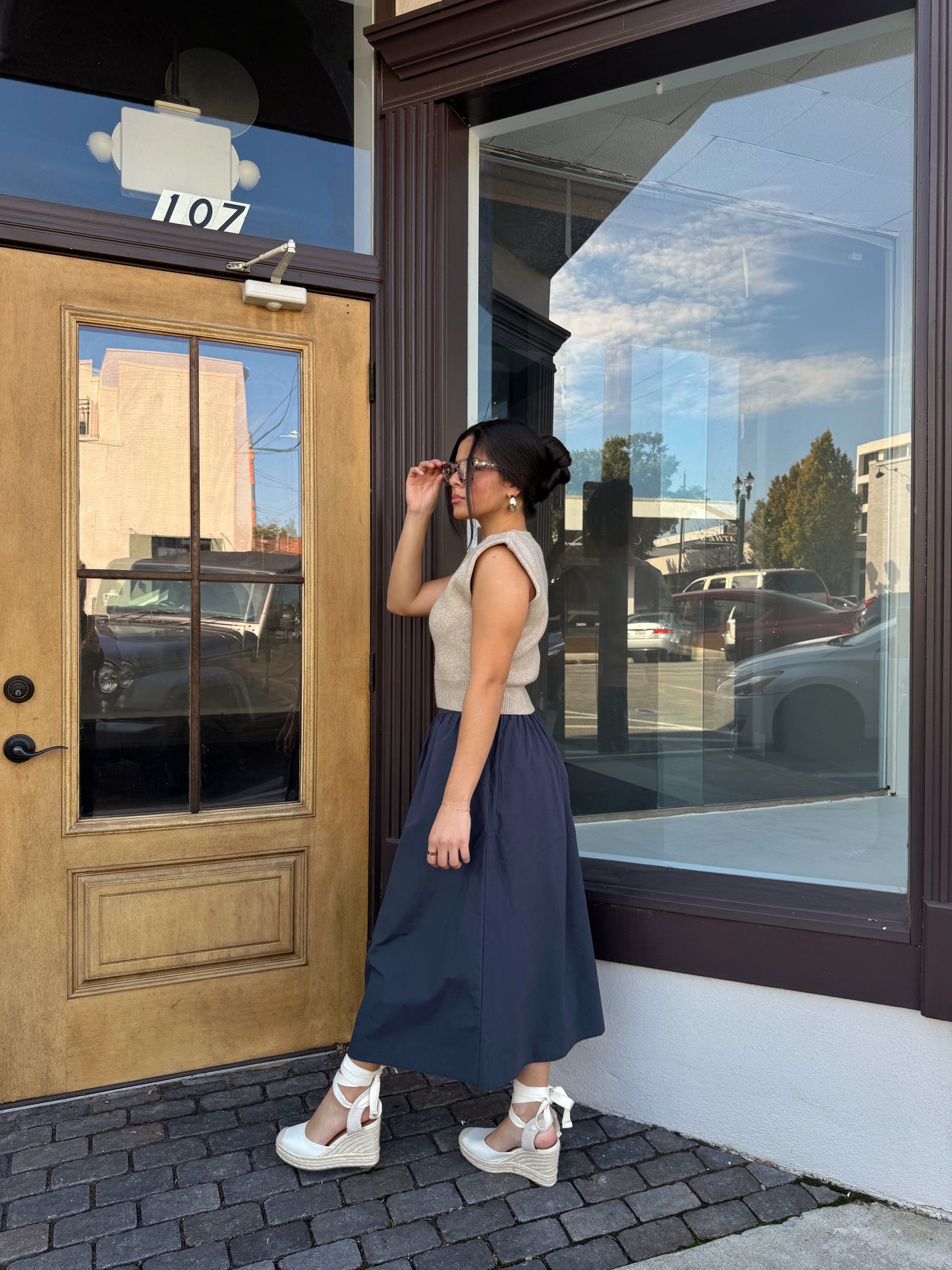Navy Poplin Midi Skirt