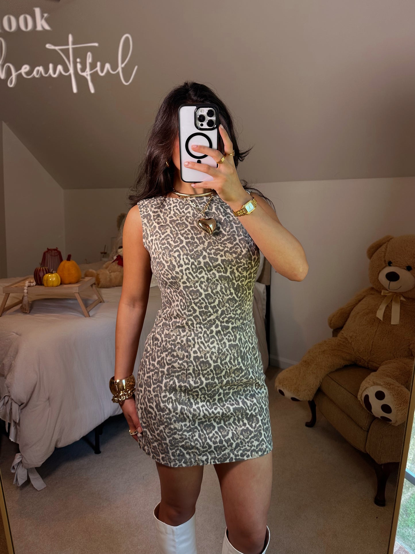 Leopard Denim Pocket Detail Dress