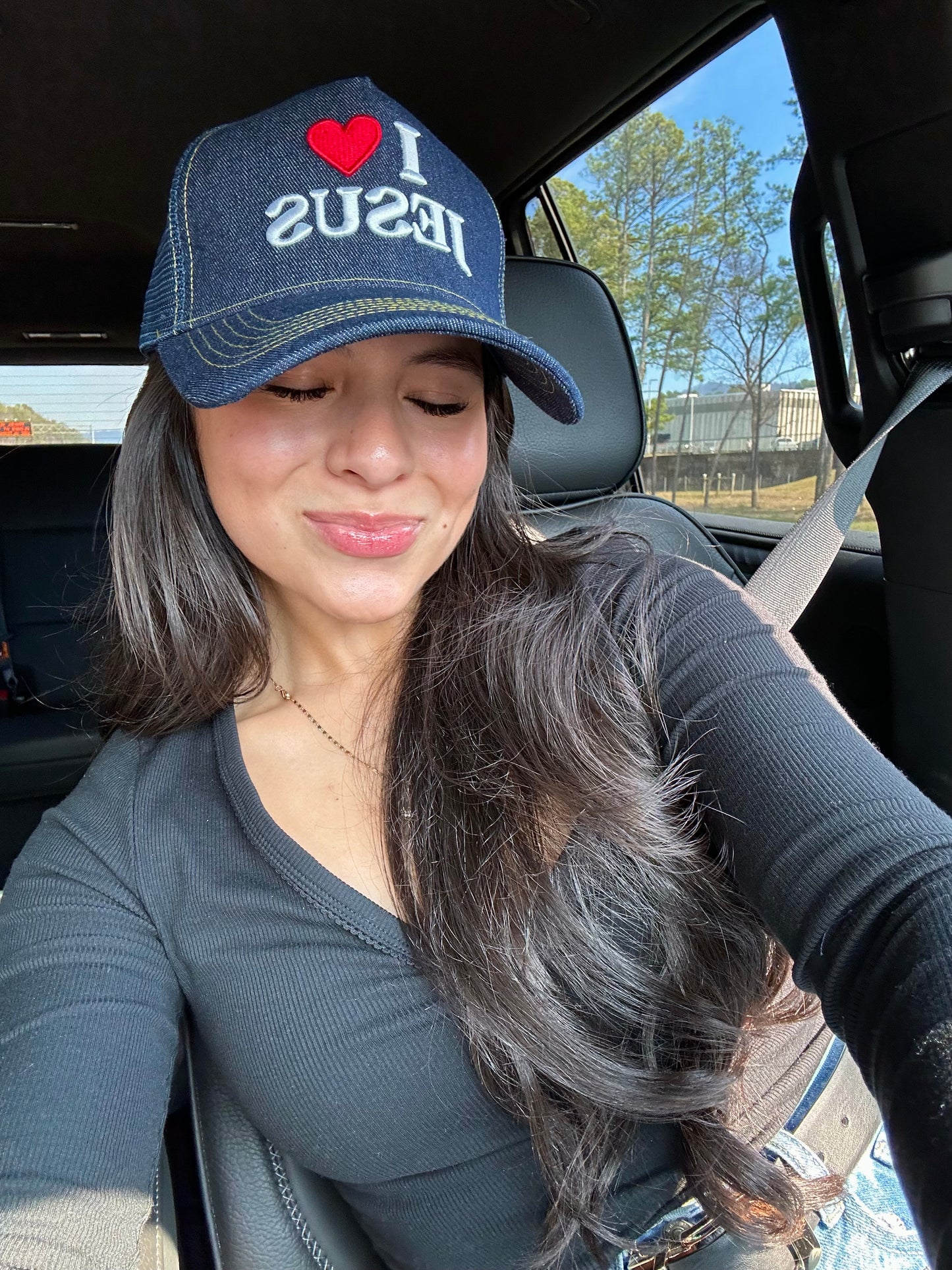 ‘I ❤️ Jesus’ Denim Embroidered Trucker Hat