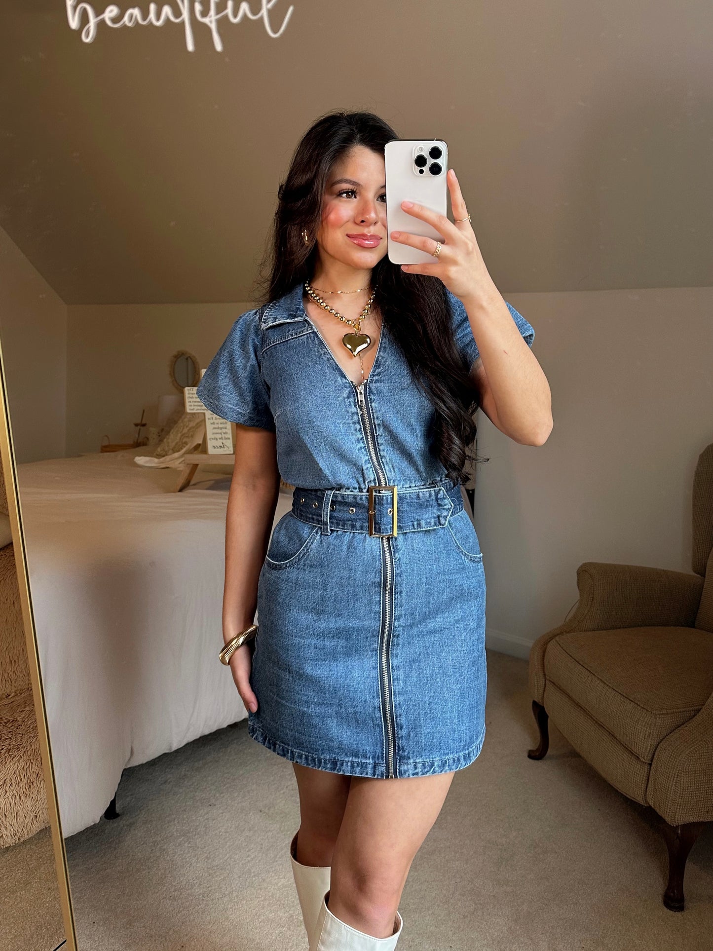 Denim Belted Zip-Up Dress