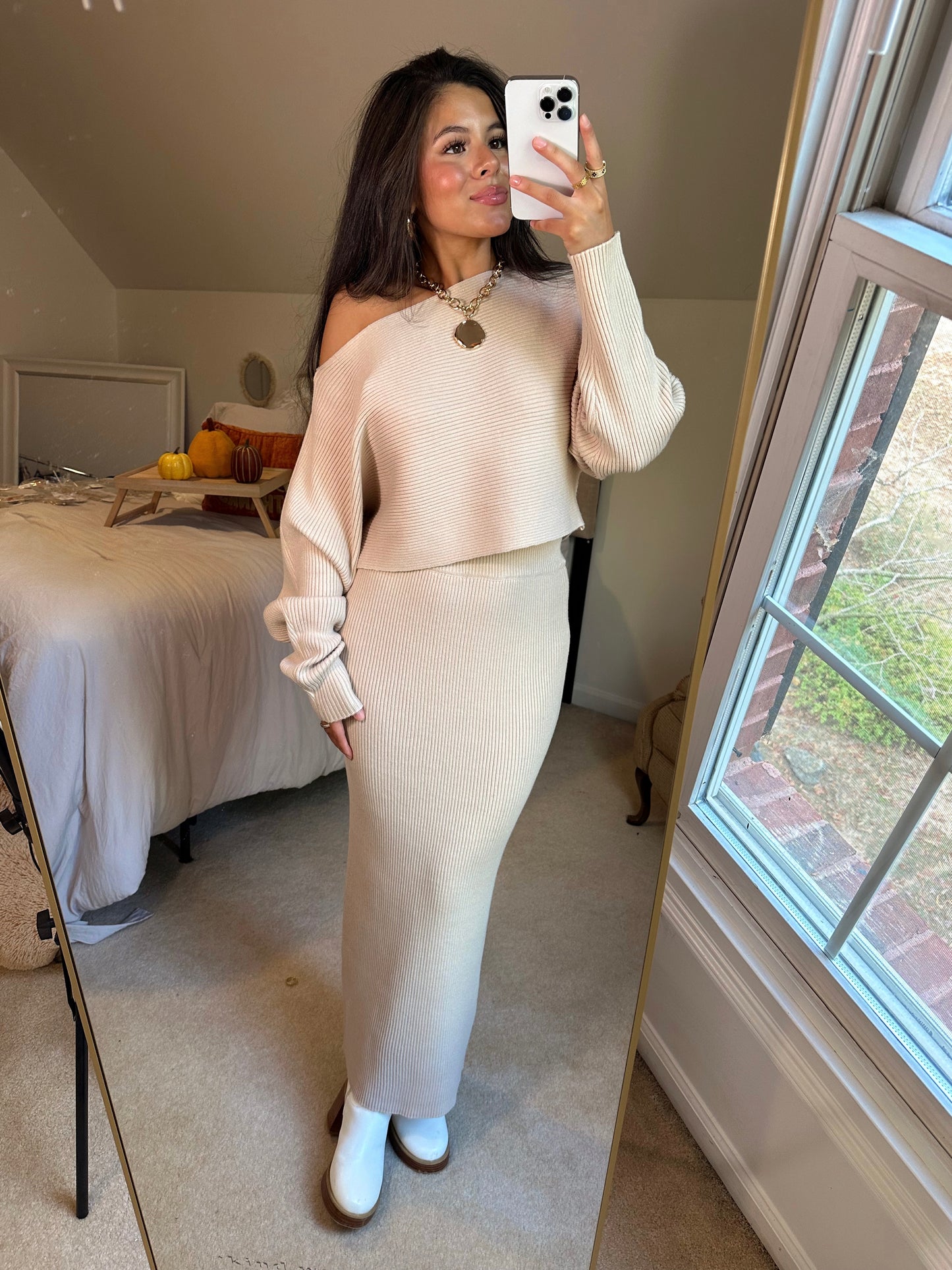 Light Taupe Sweater & Skirt Set