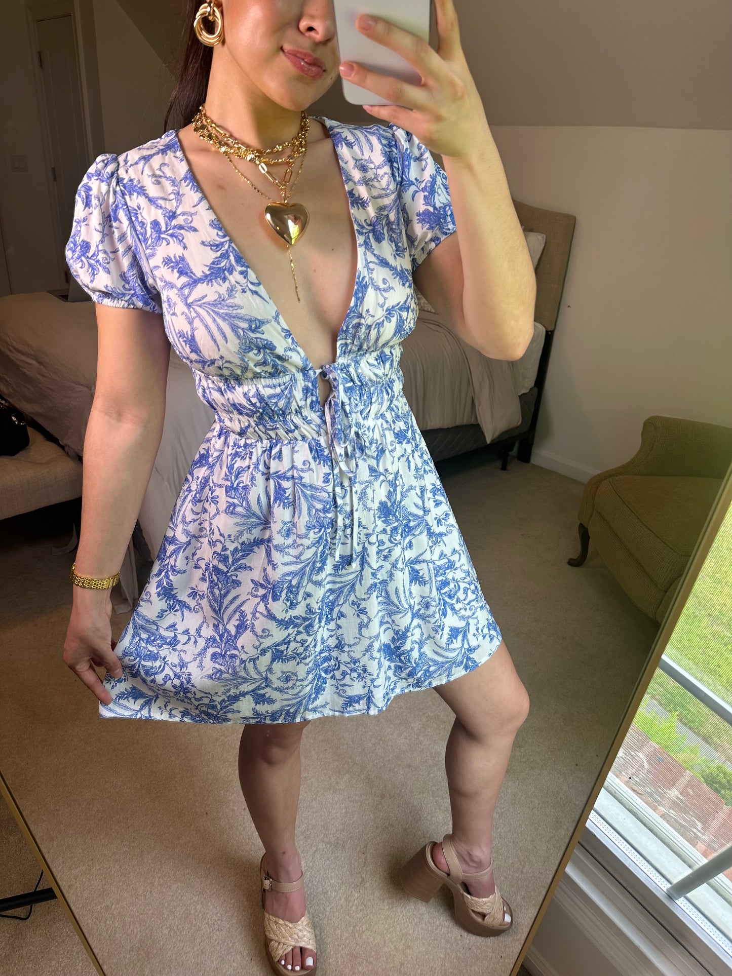 Blue Vines Plunge Neckline Mini Dress