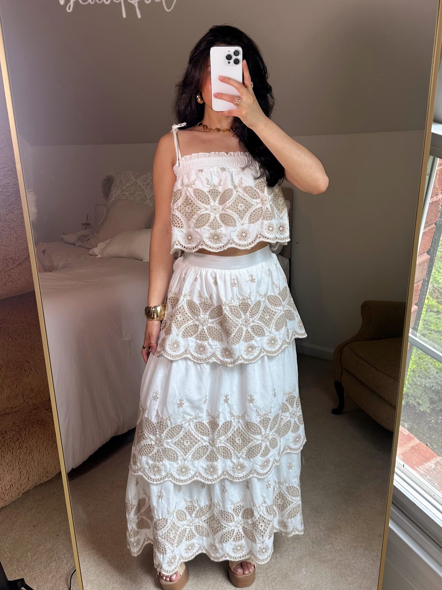 Italian Summer Floral Embroidered Skirt Set