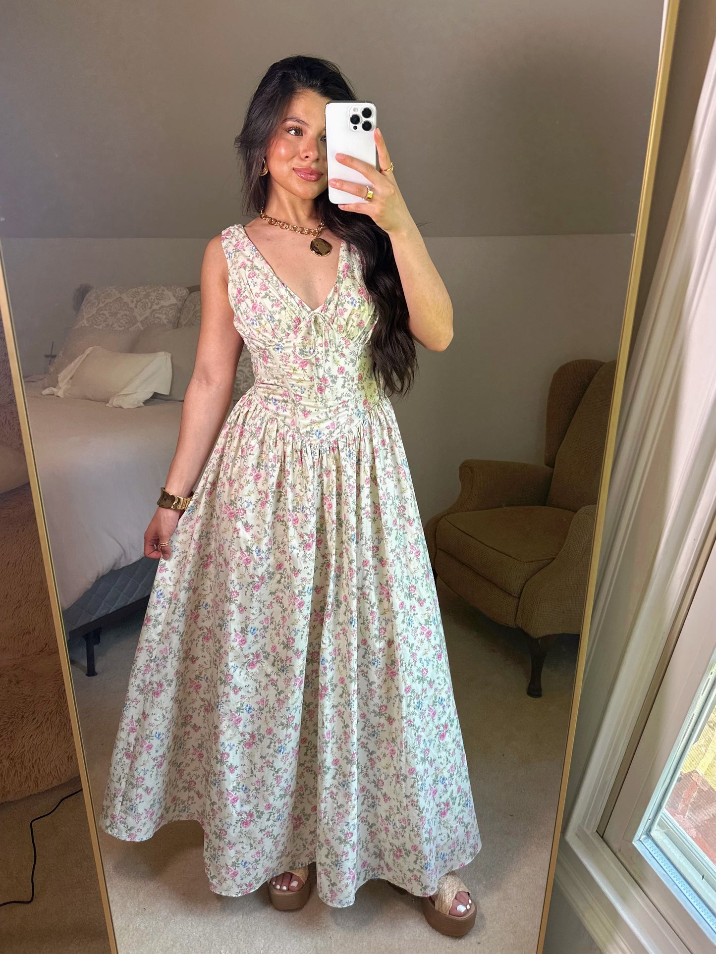 Floral V-Neck Corset Waist Maxi Dress