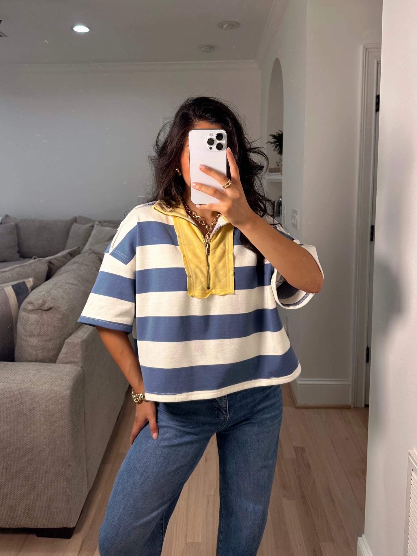 Blue & Yellow Zip-Up Polo Top