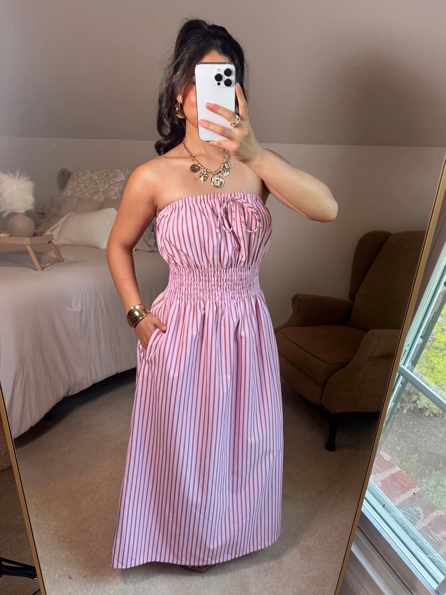 Pink Striped Tube Midi Dress