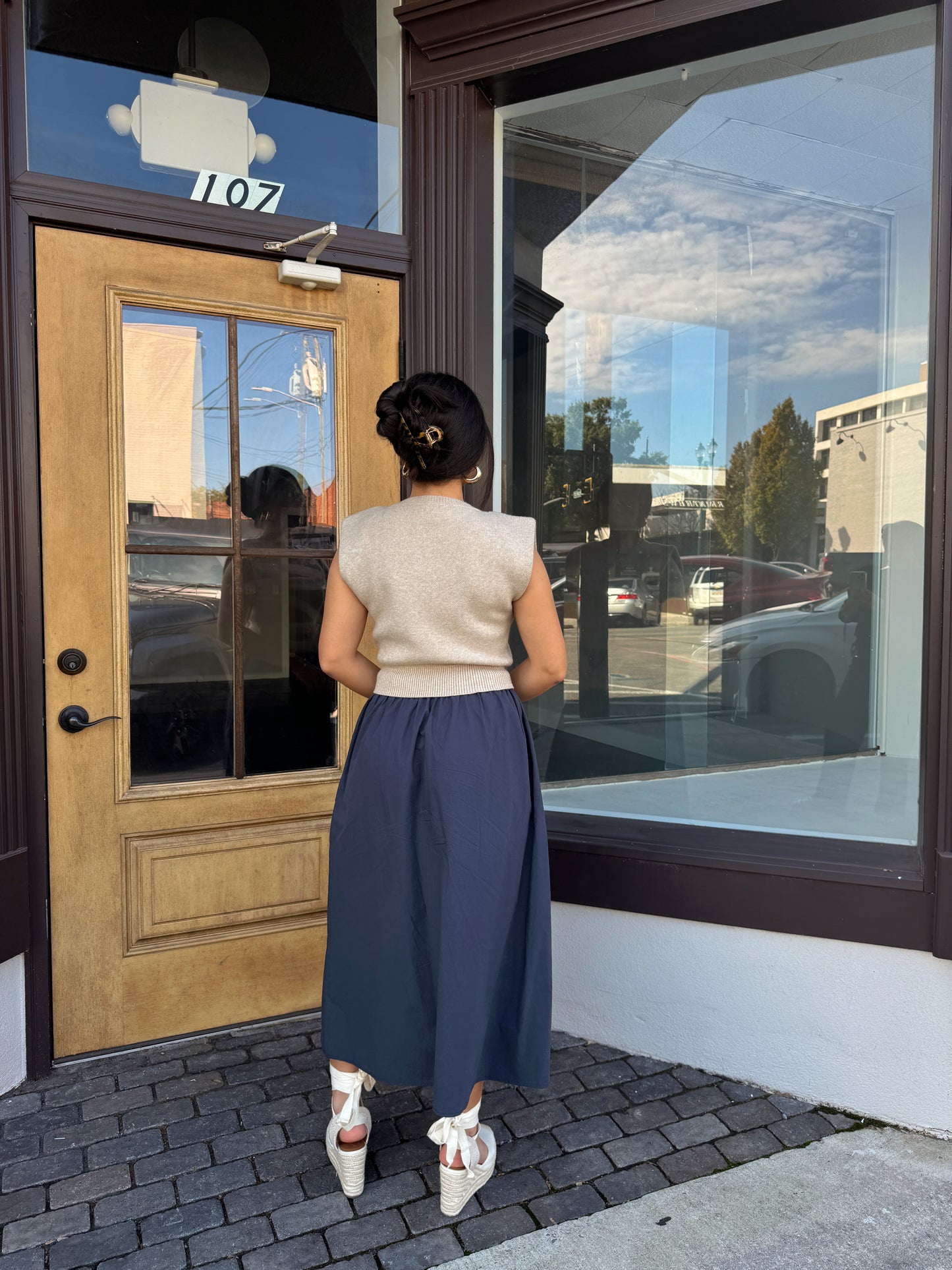 Navy Poplin Midi Skirt
