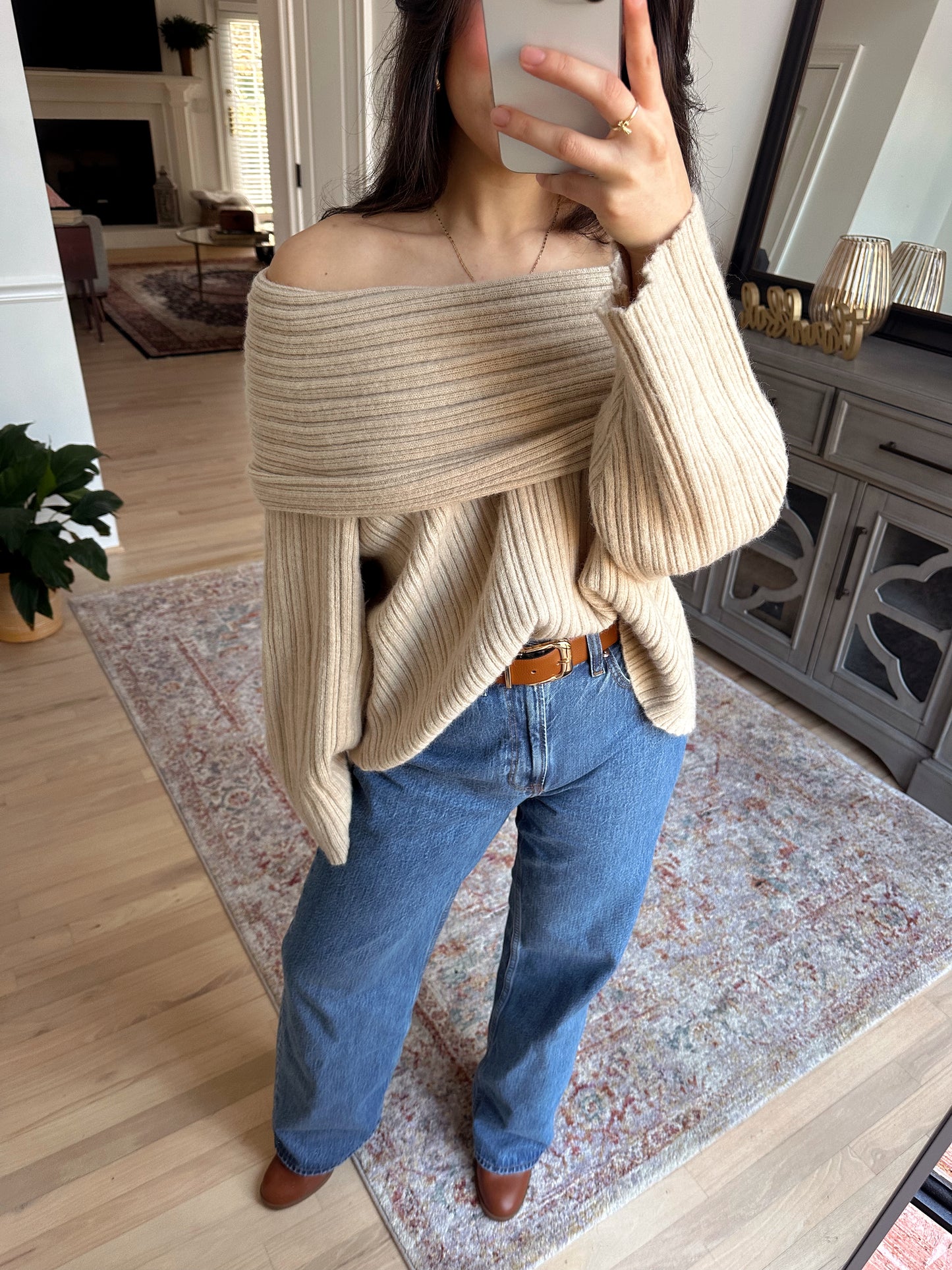 Tan Chunky Off-Shoulder Sweater