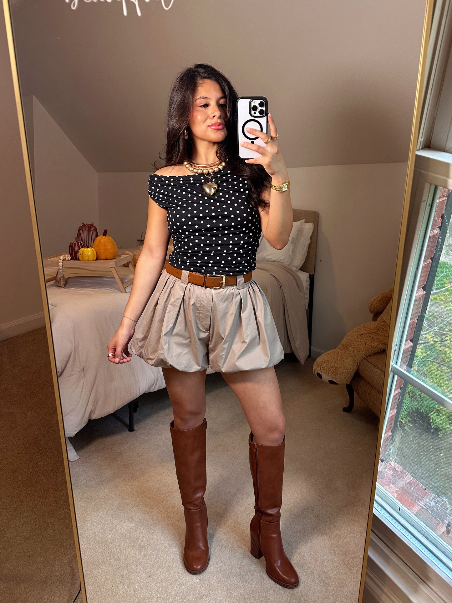 Black White Polka Dot Off-Shoulder Top