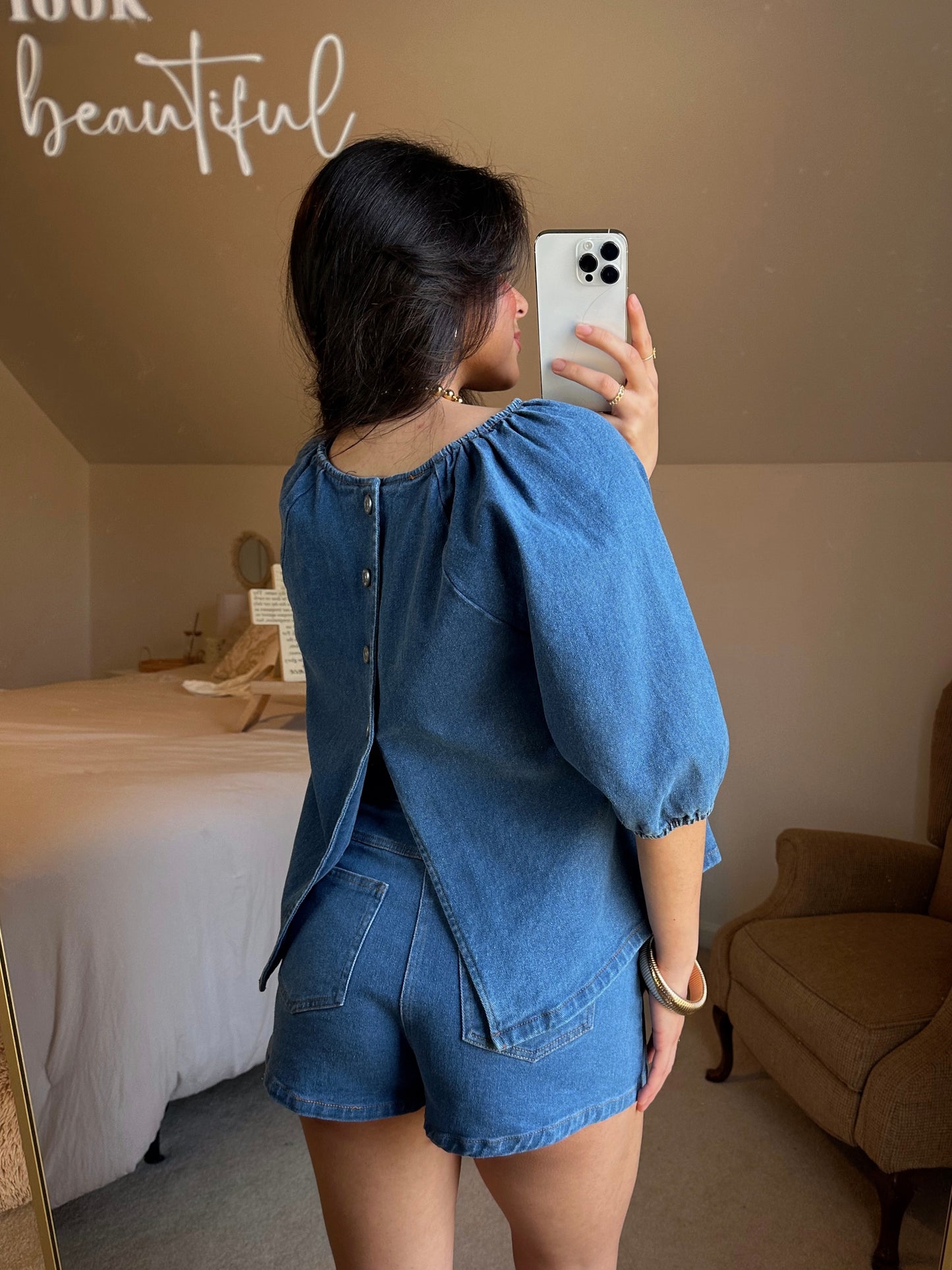 Denim Puff Sleeve Top & Shorts Set
