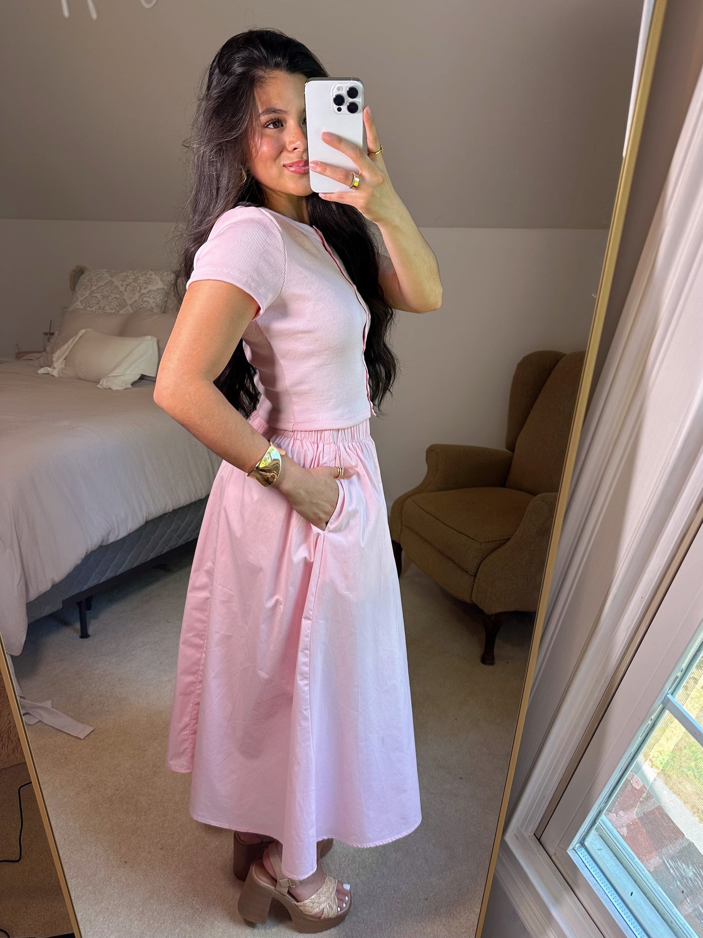 Baby Pink Button Top & Skirt Set