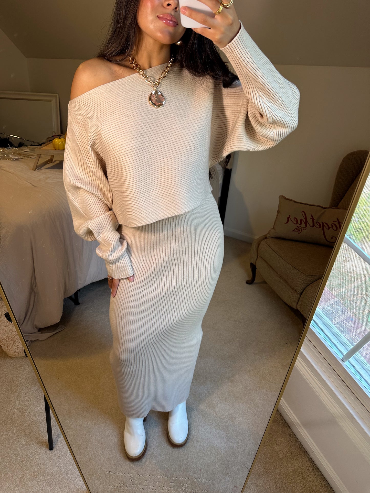 Light Taupe Sweater & Skirt Set