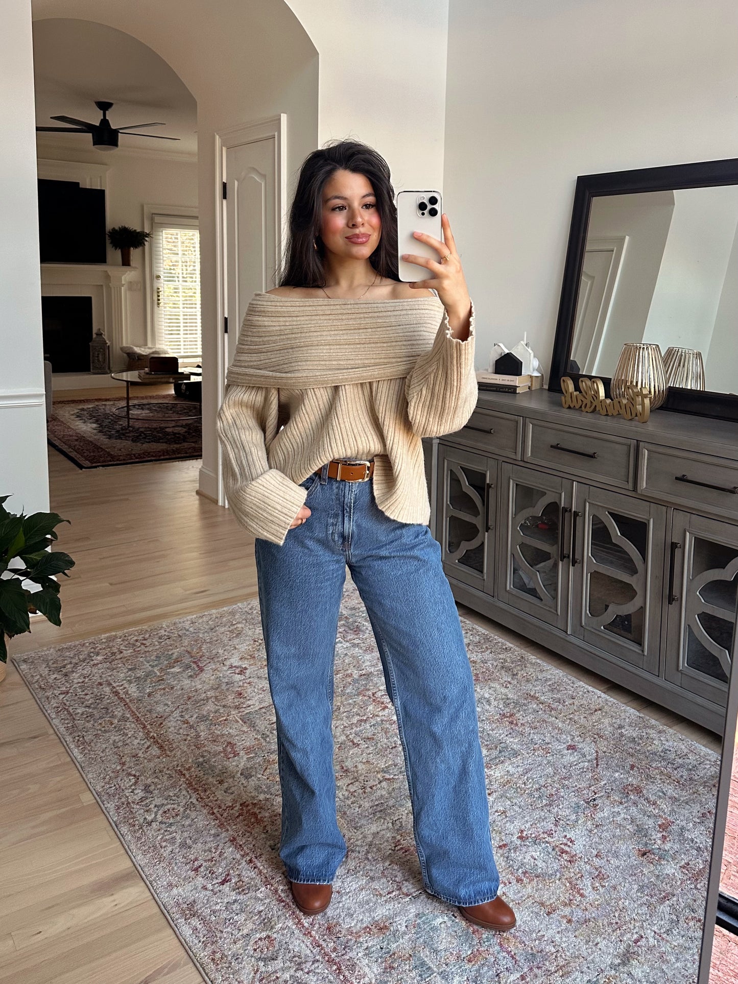 Tan Chunky Off-Shoulder Sweater