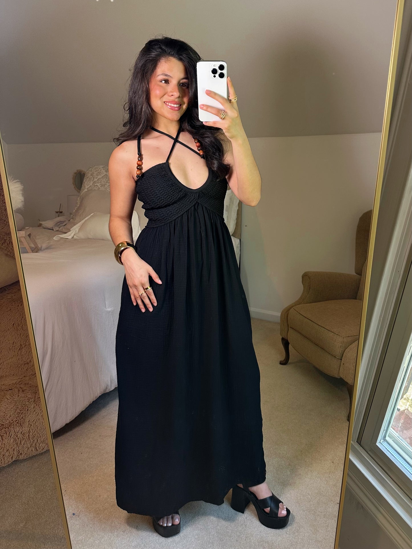 Vacation Black Halter Crochet Maxi Dress