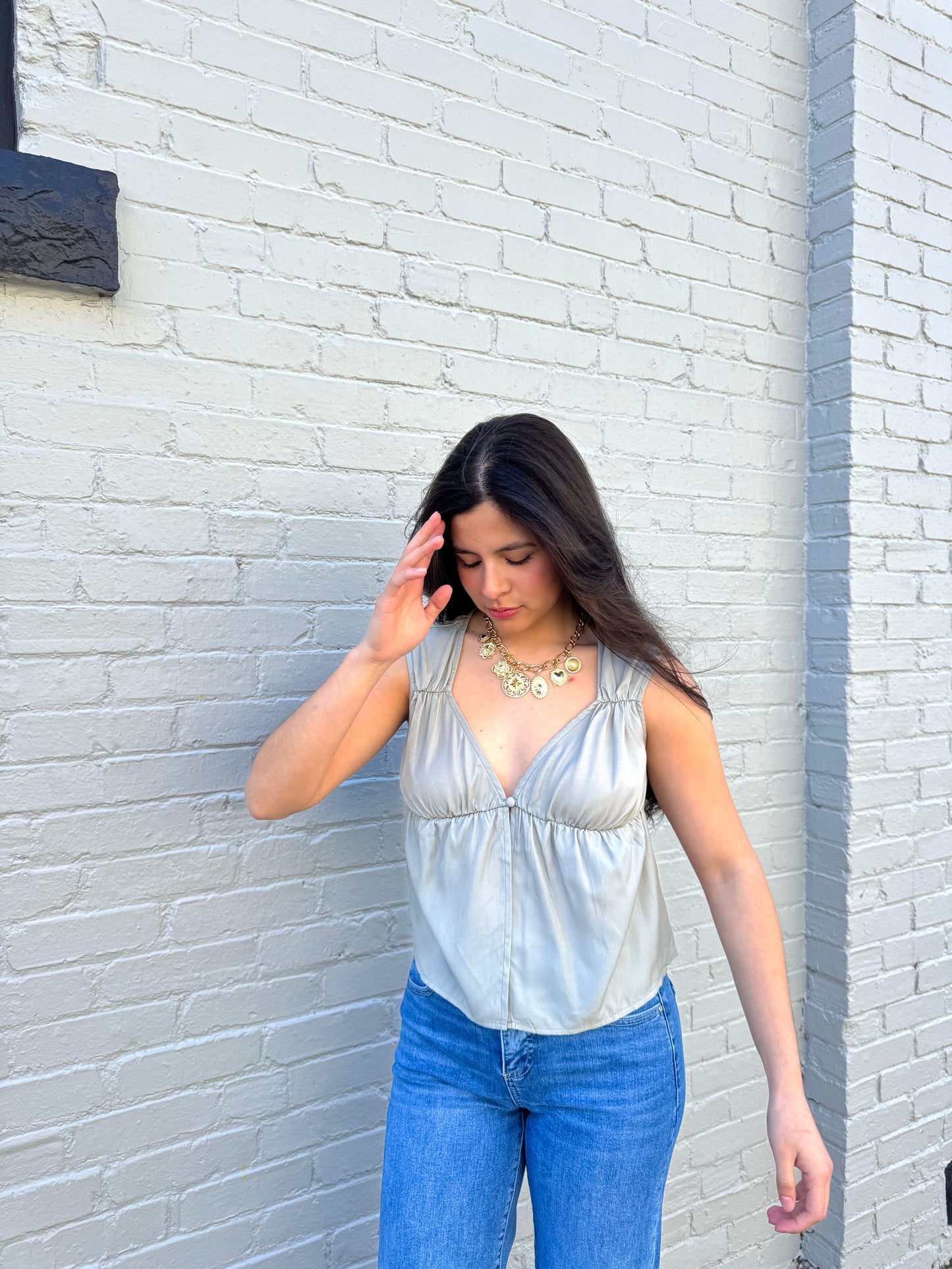 Dove Grey Button Ruched Top