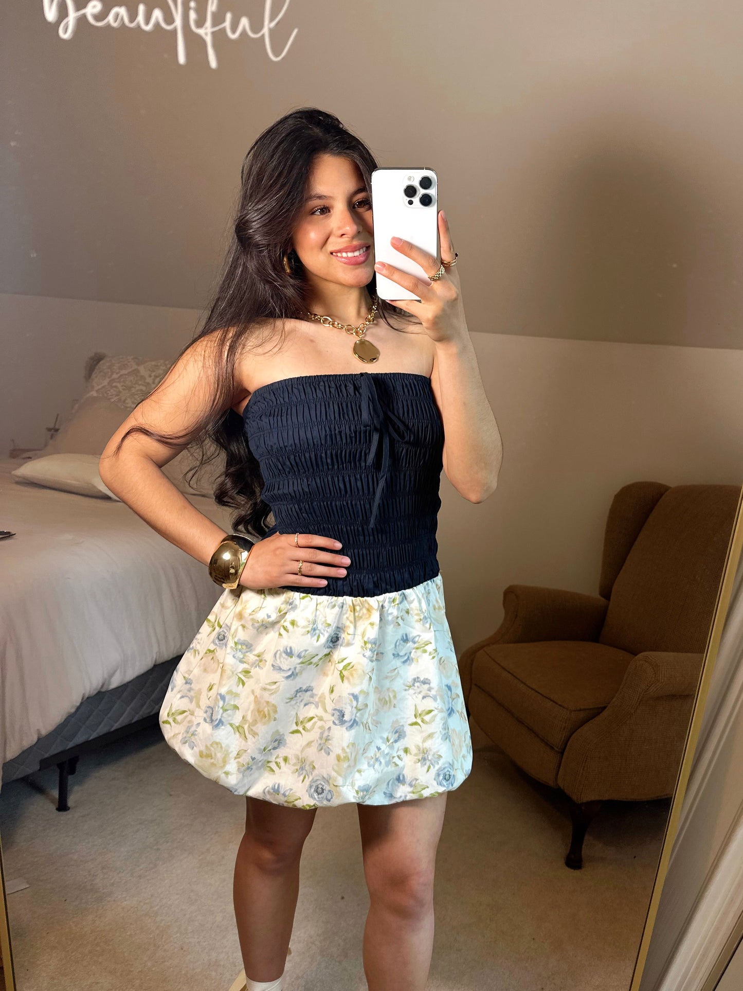 Cool Toned Floral Bubble Hem Mini Dress
