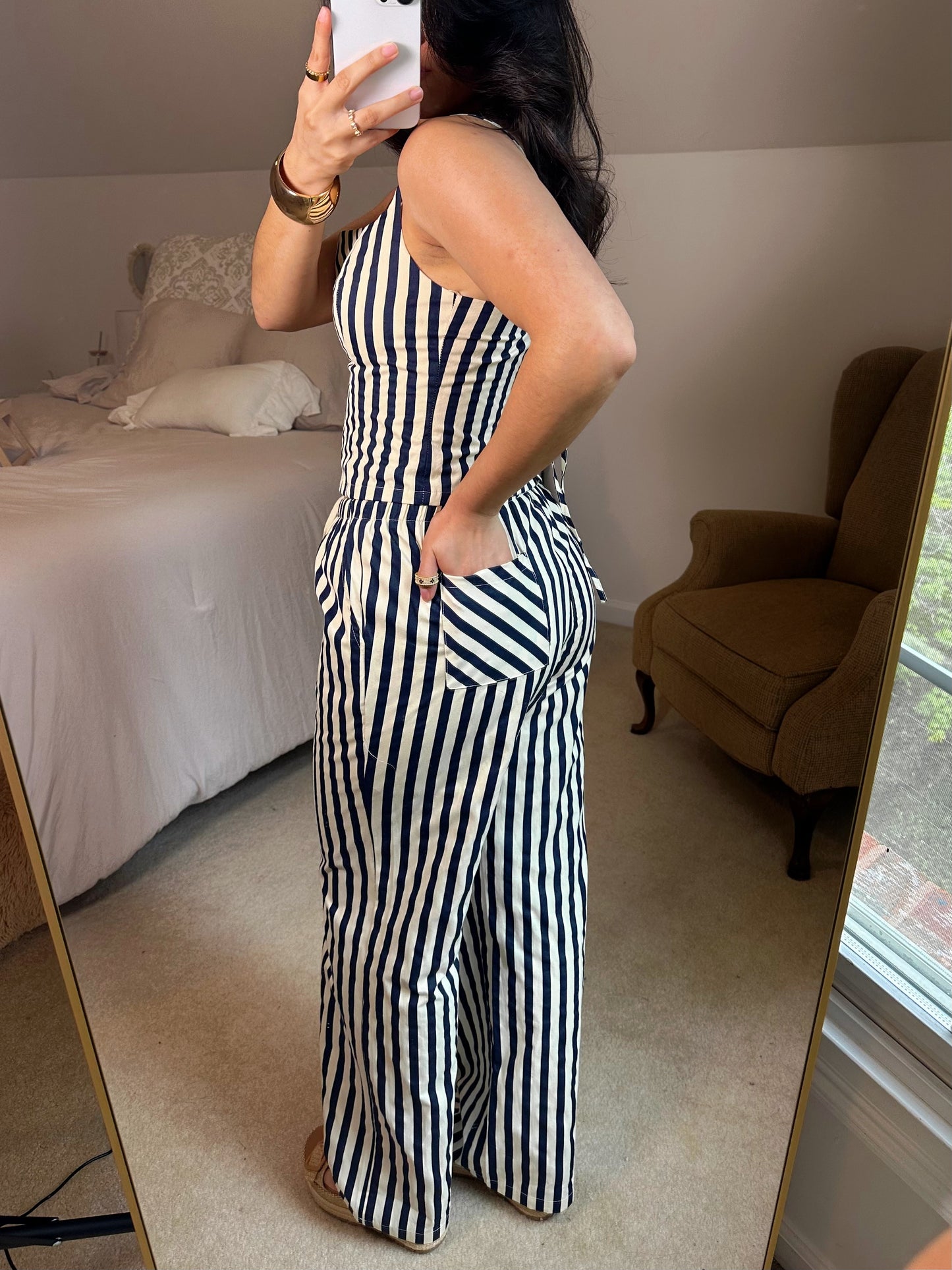 Navy & Ivory Striped Top & Pants Set