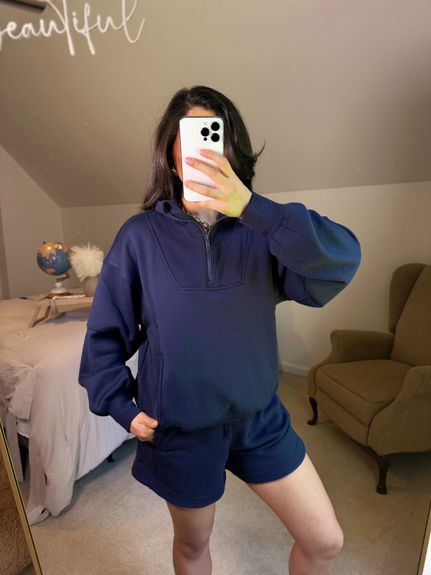 Navy Quarter Zip Sweater and Shorts Set
