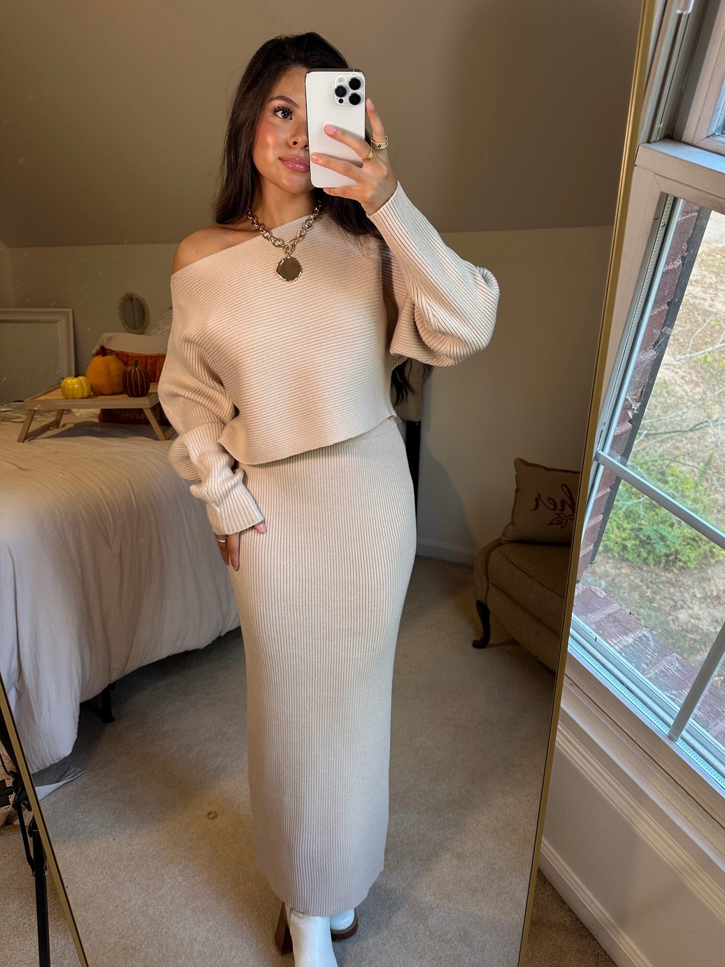 Light Taupe Sweater & Skirt Set
