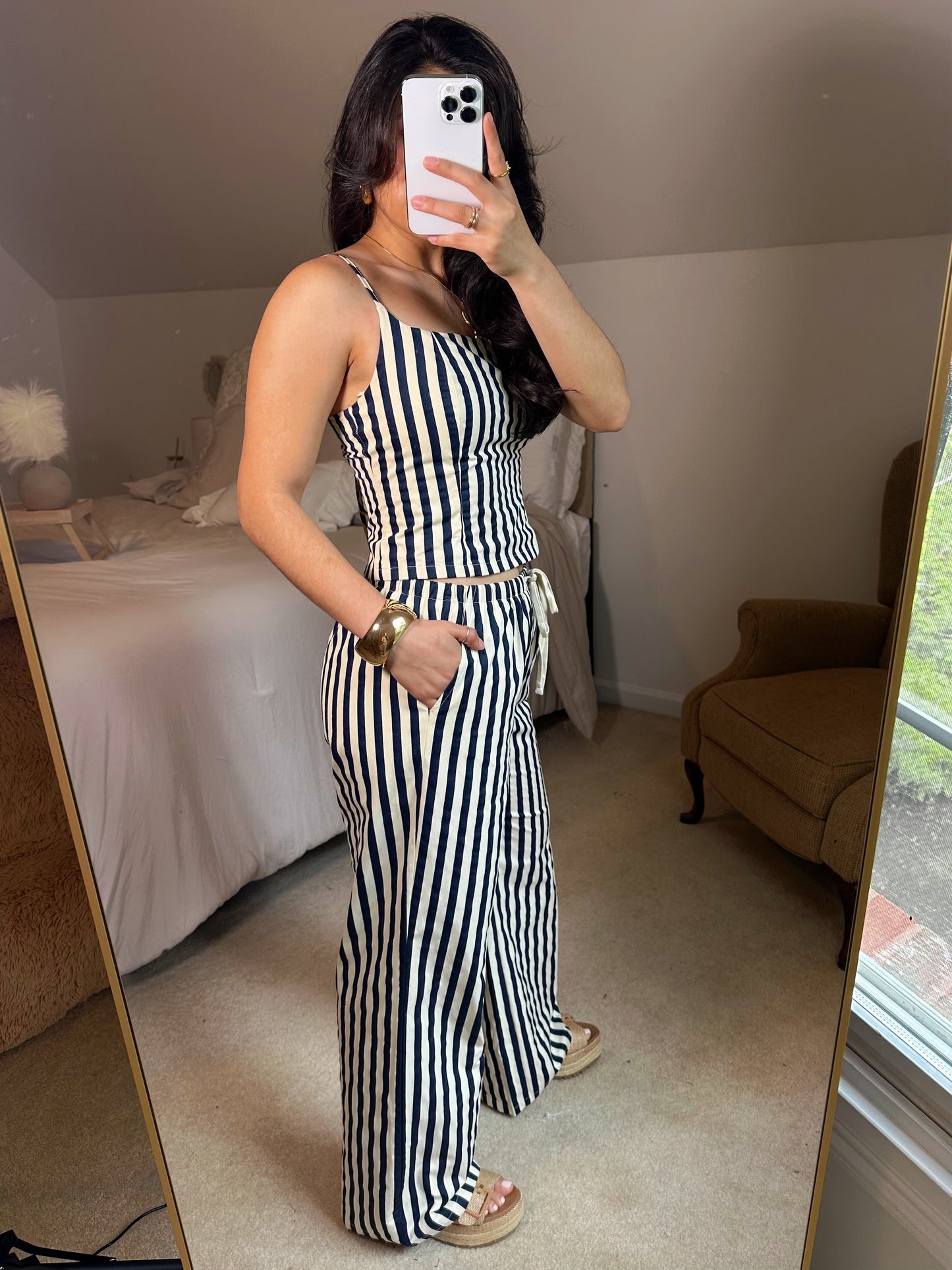 Navy & Ivory Striped Top & Pants Set