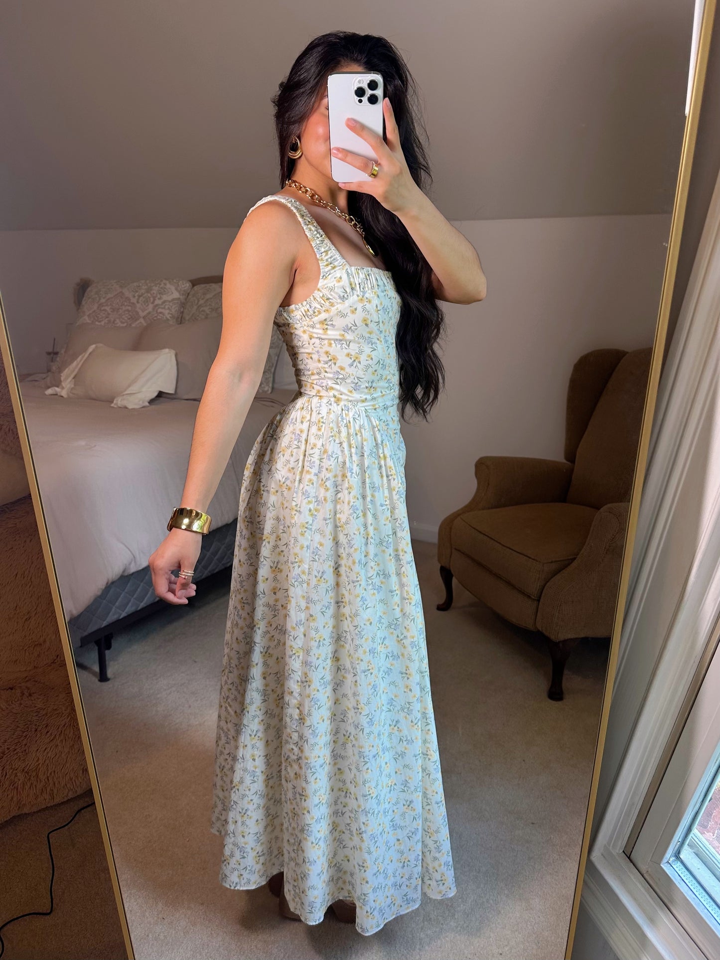 Yellow Ditsy Floral Midi Dress