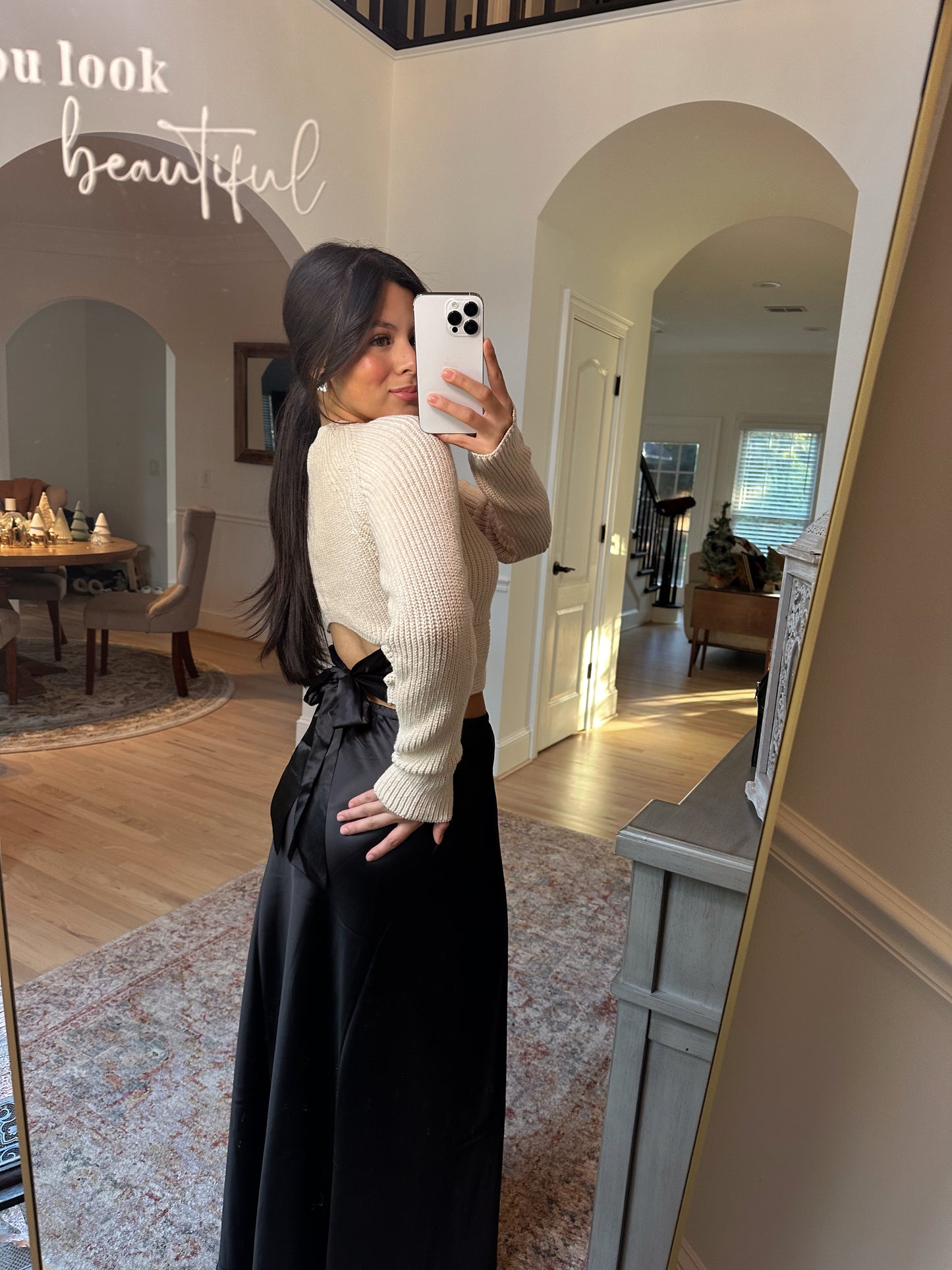 Taupe & Black Satin Bow Knit Top