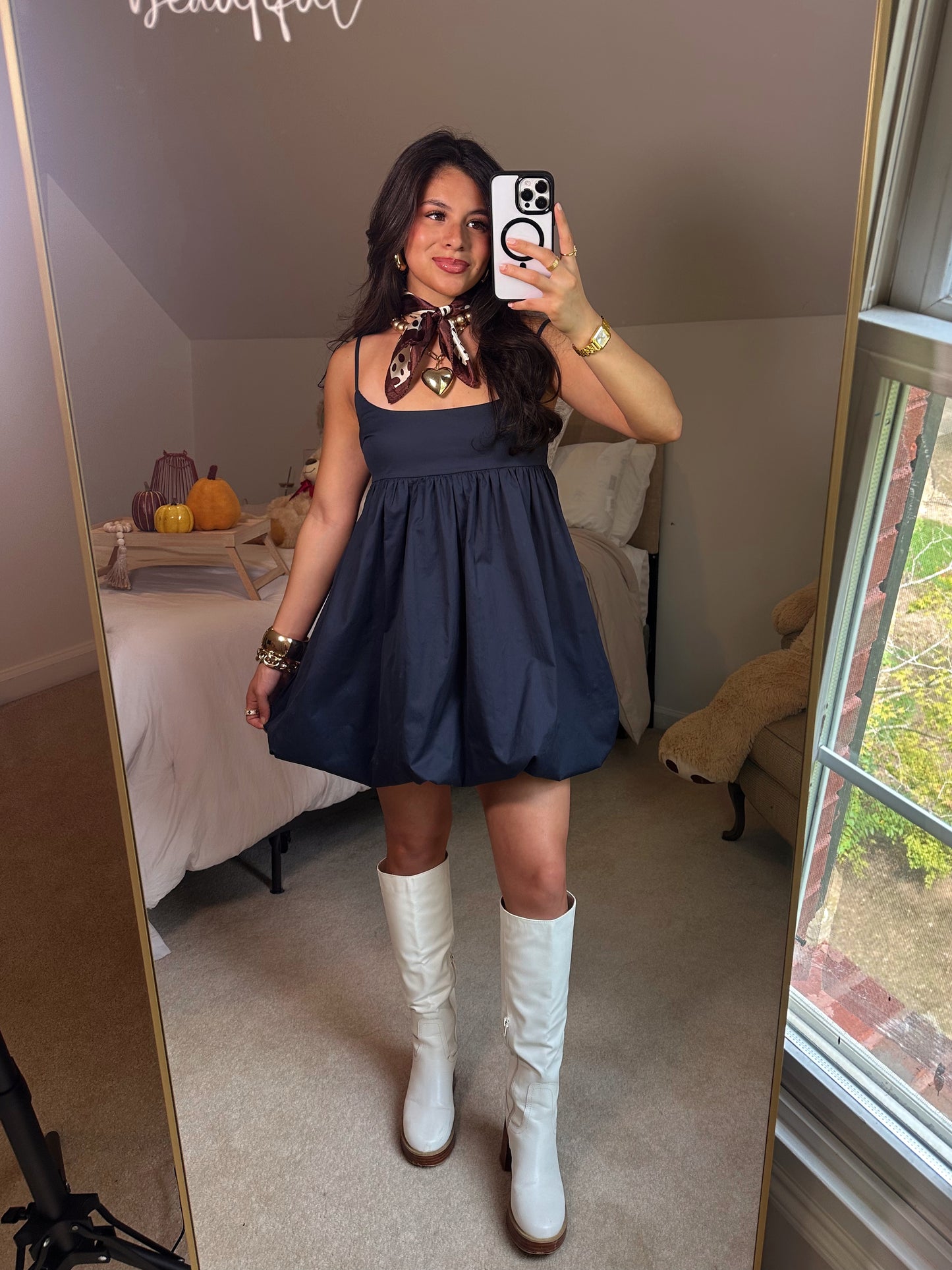 Navy Poplin Bubble Hem Dress