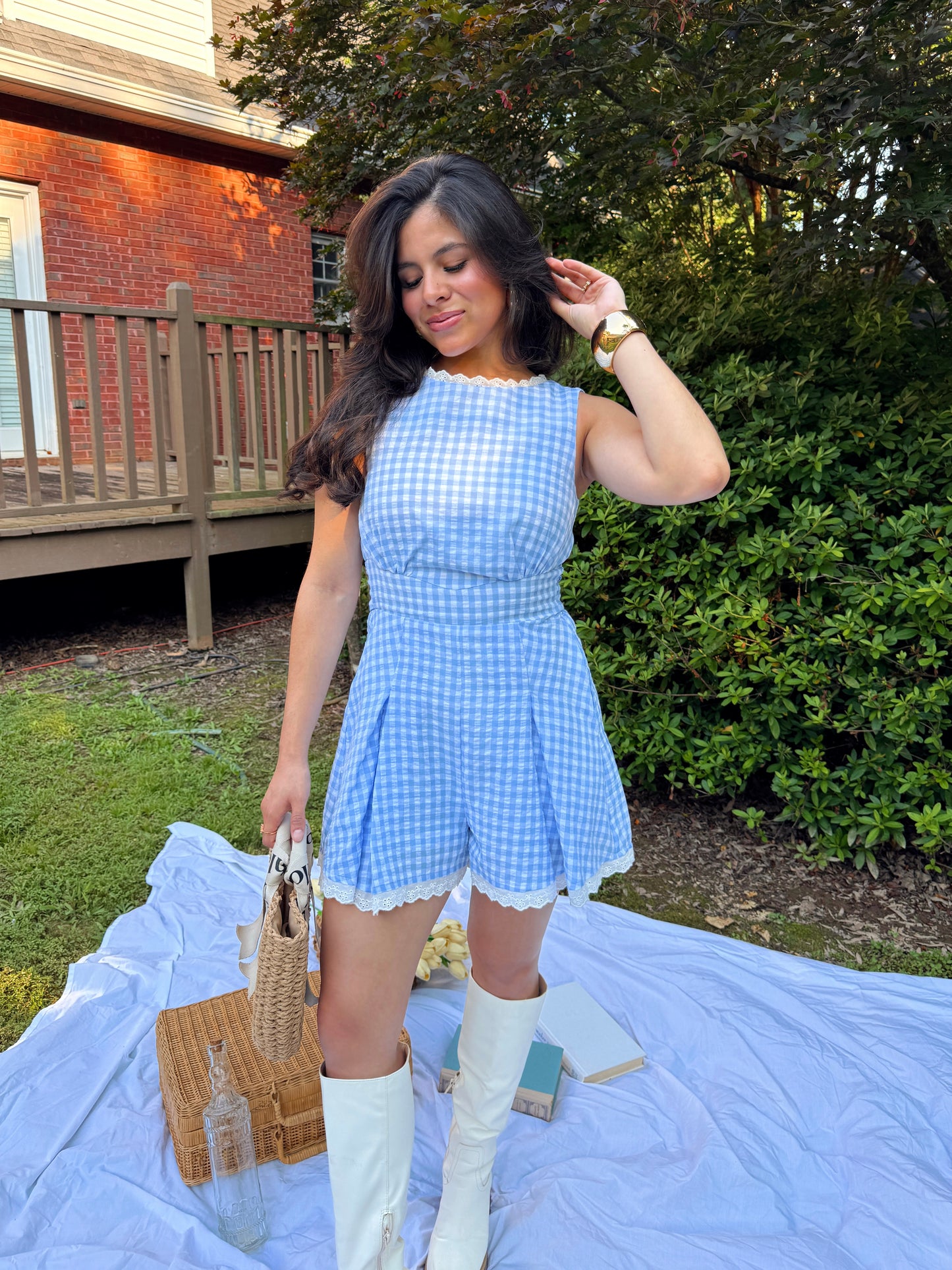 Baby Blue Gingham Lace Trim Romper