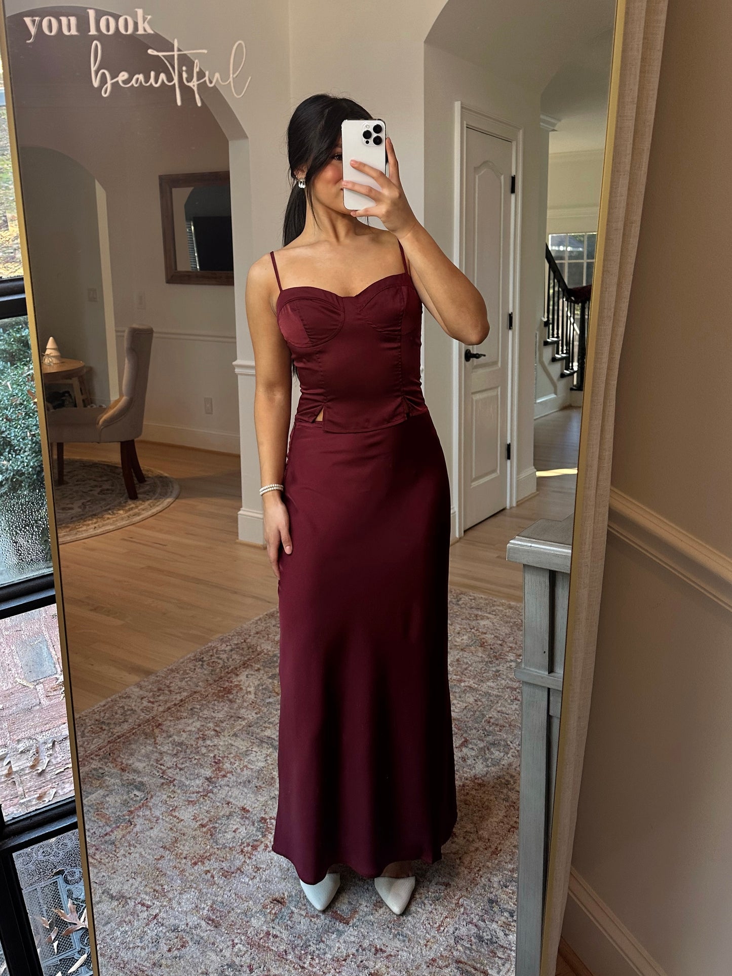 Burgundy Satin Top & Skirt Set