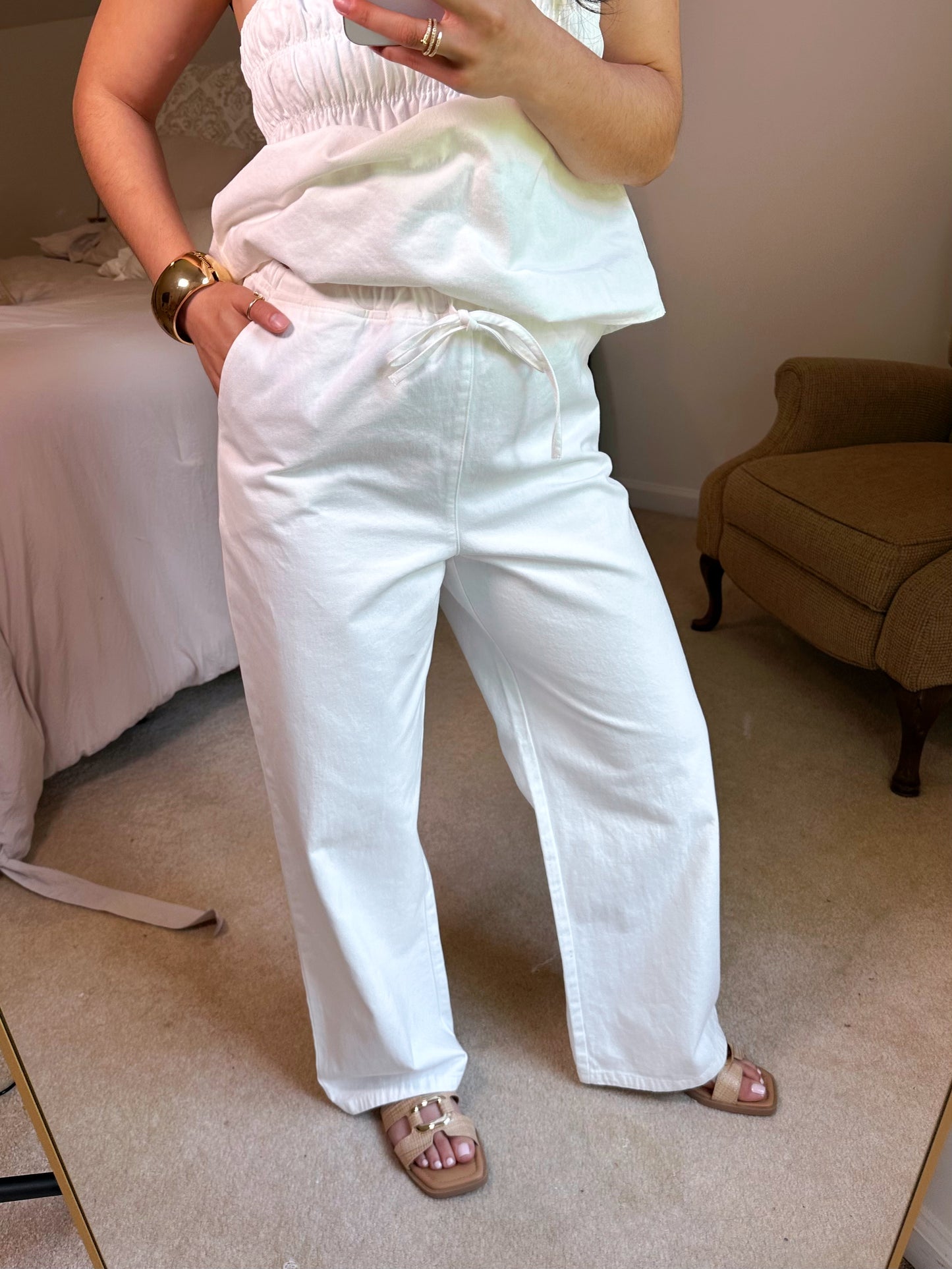 Ruched Top & Pant White Denim Set