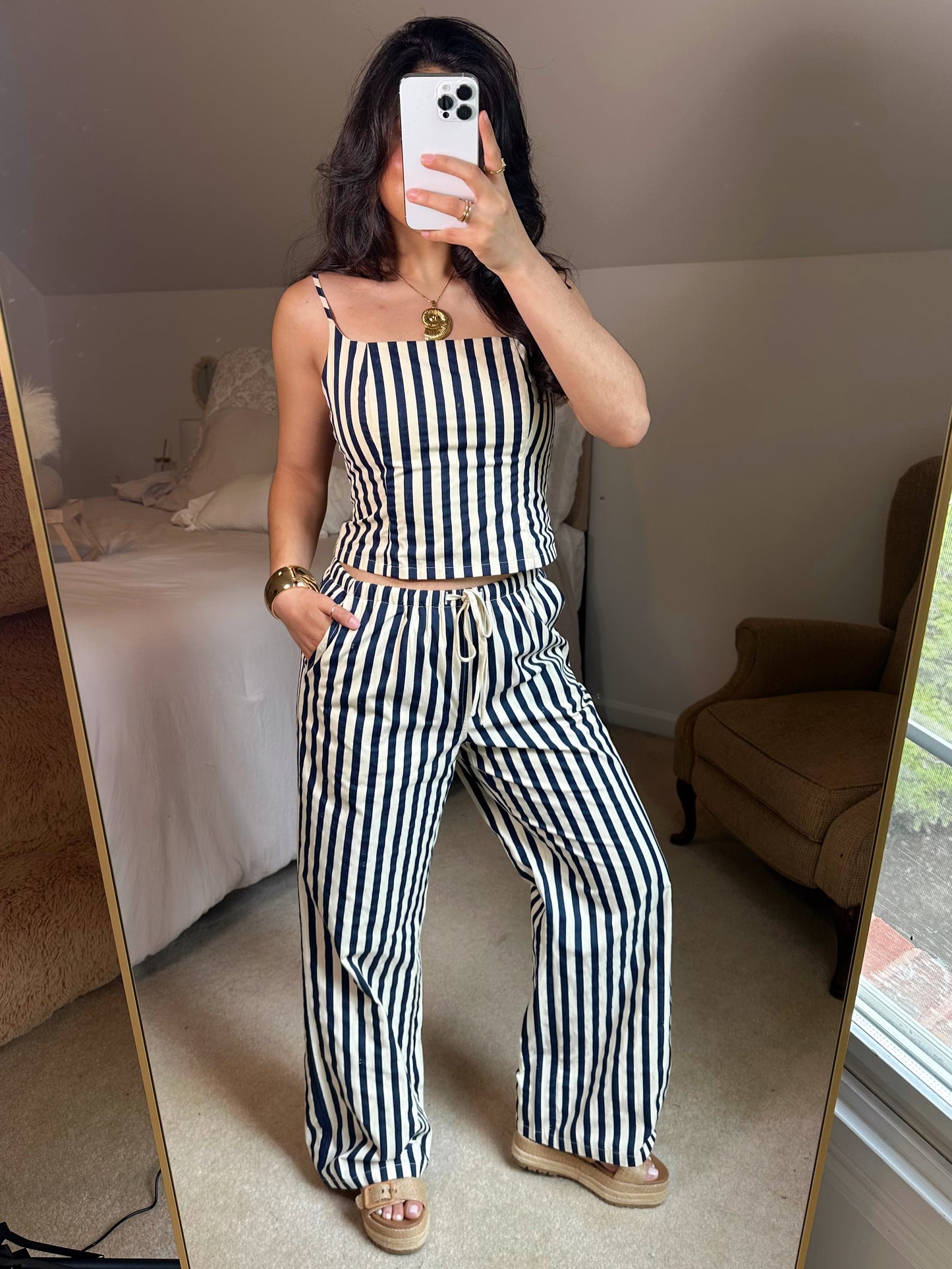 Navy & Ivory Striped Top & Pants Set