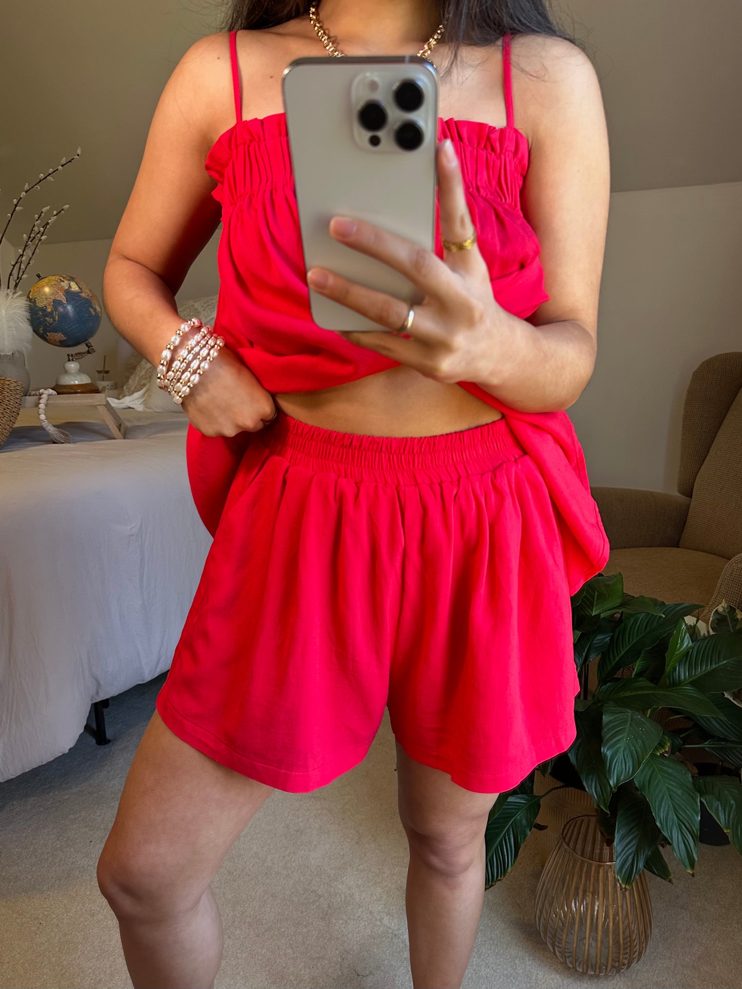 Red Linen Babydoll Top & Shorts Set