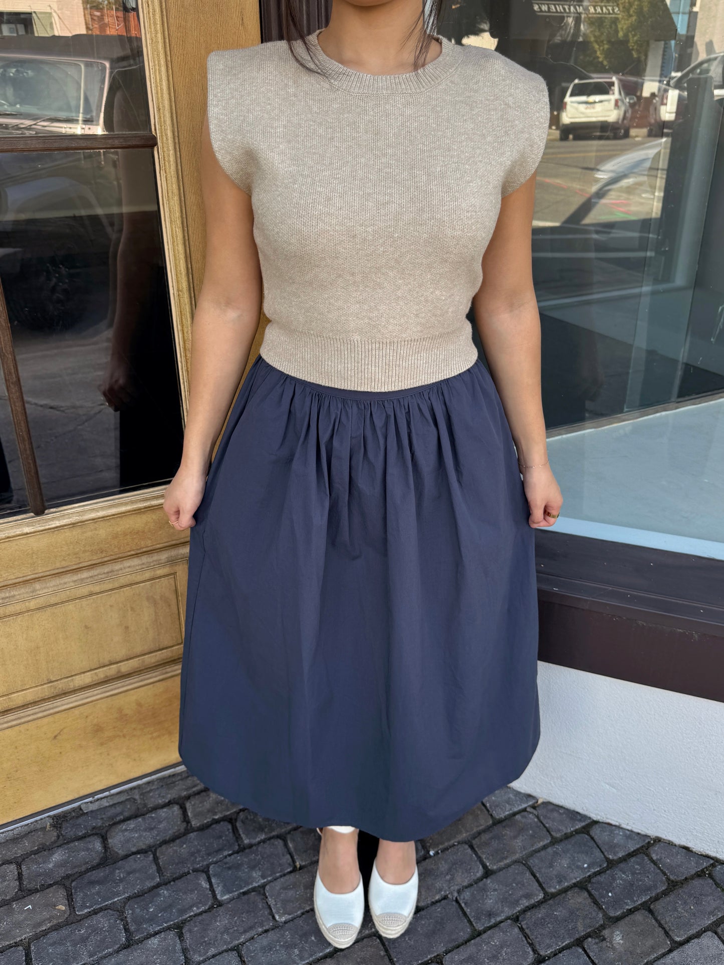 Navy Poplin Midi Skirt