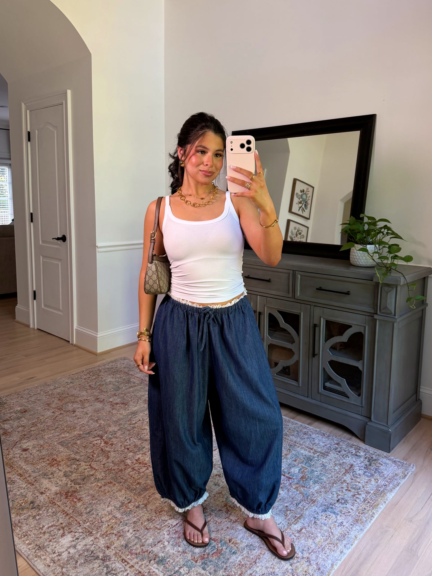 Chic Ease Denim Lace-Trim Pants