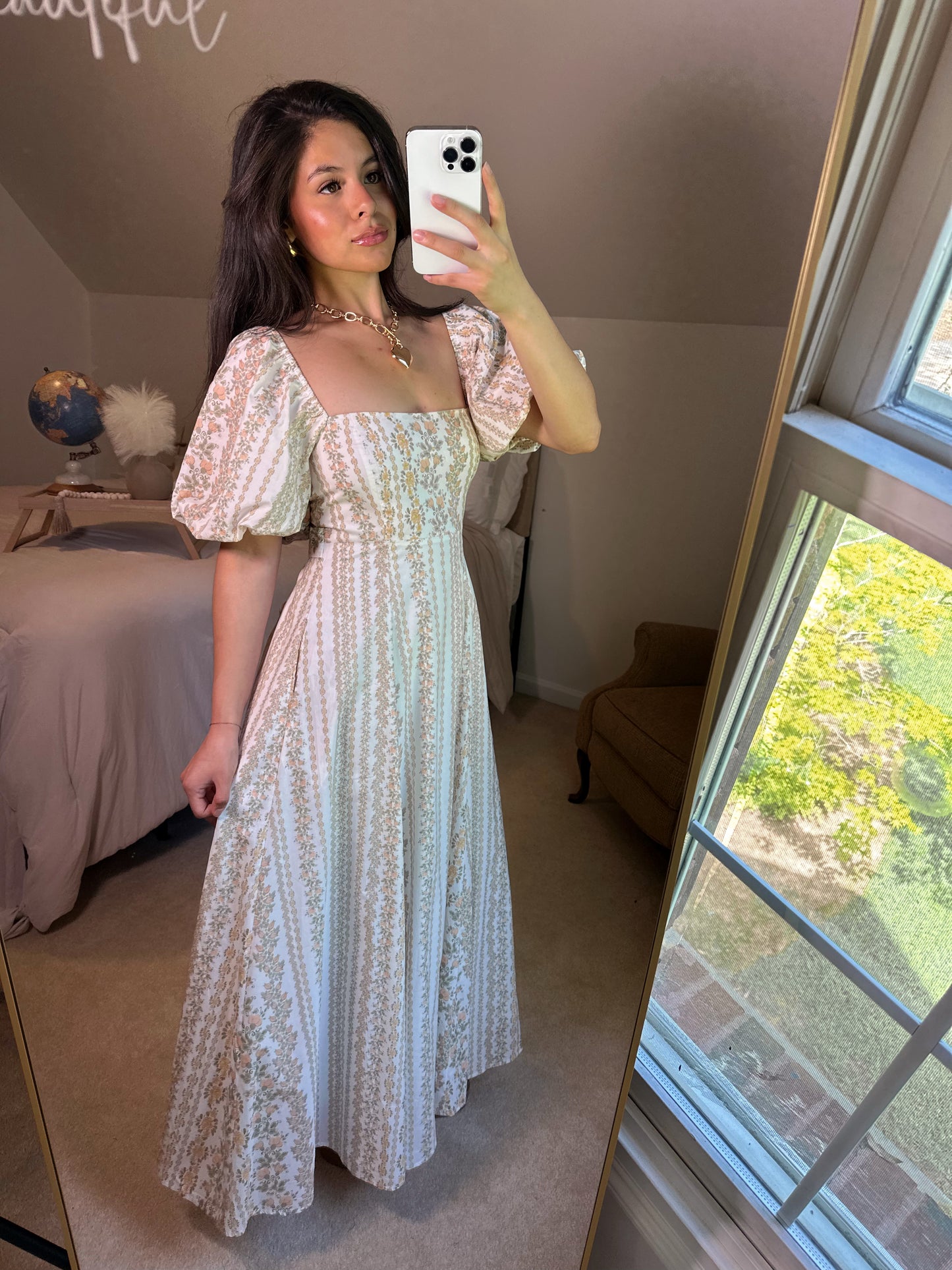 Peach Florals Puff Sleeve Maxi Dress