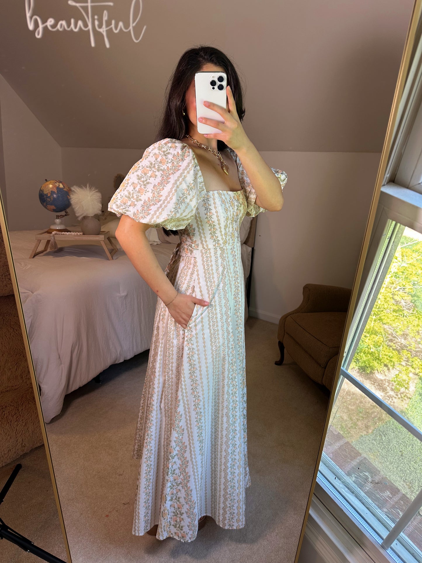 Peach Florals Puff Sleeve Maxi Dress