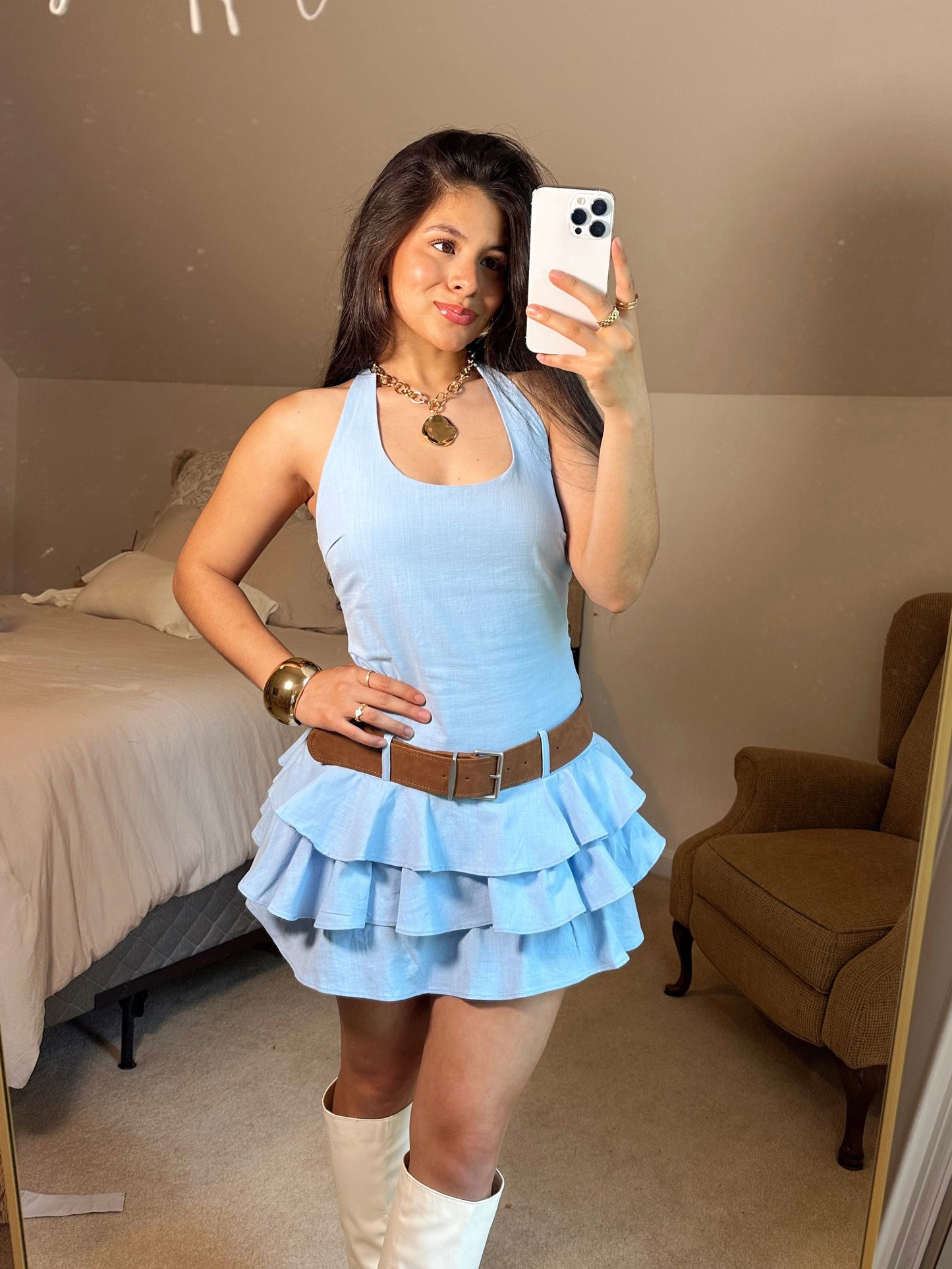 Baby Blue Ruffle Belted Halter Romper