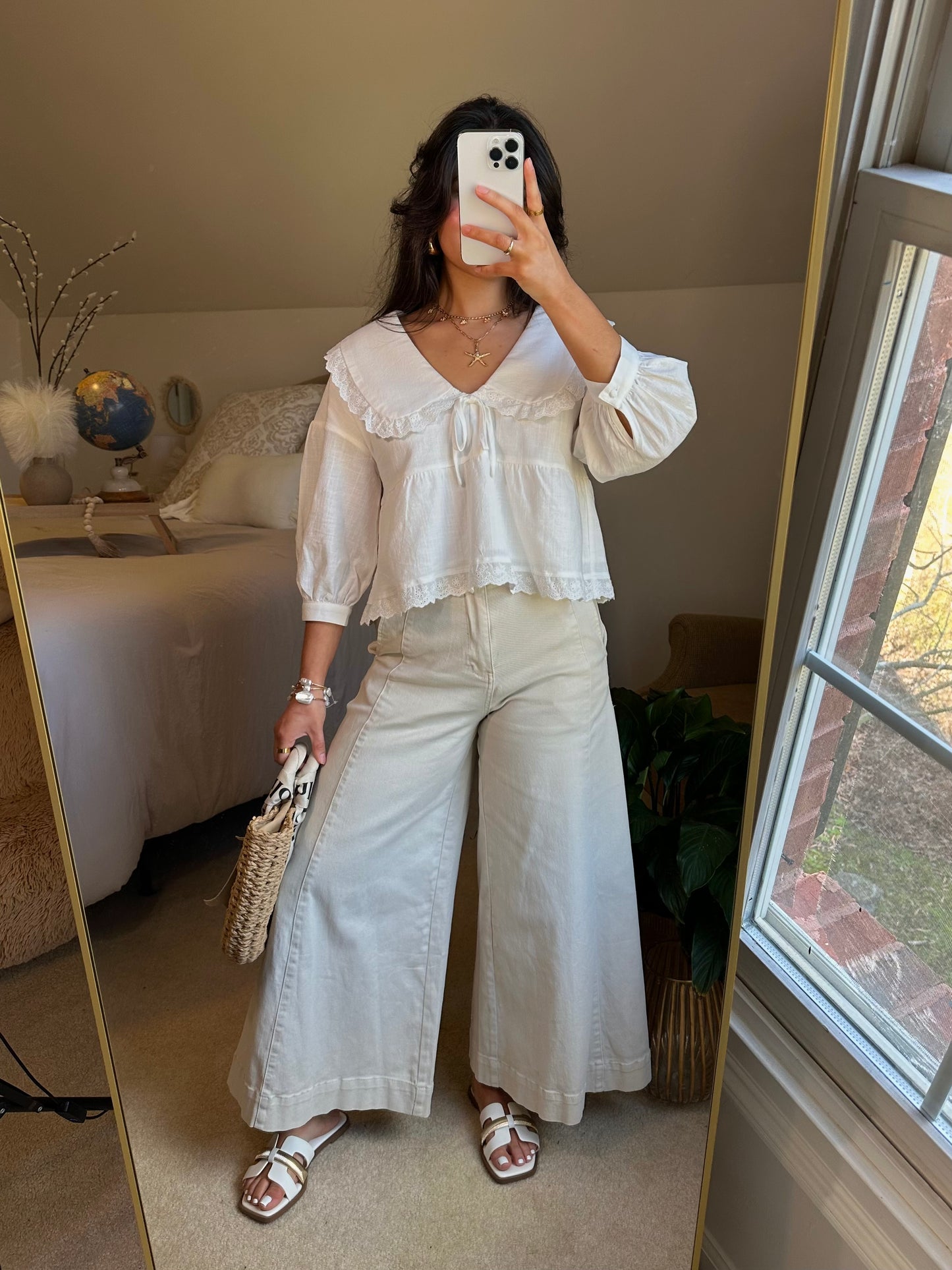 Beige Wide Leg Crop Pants