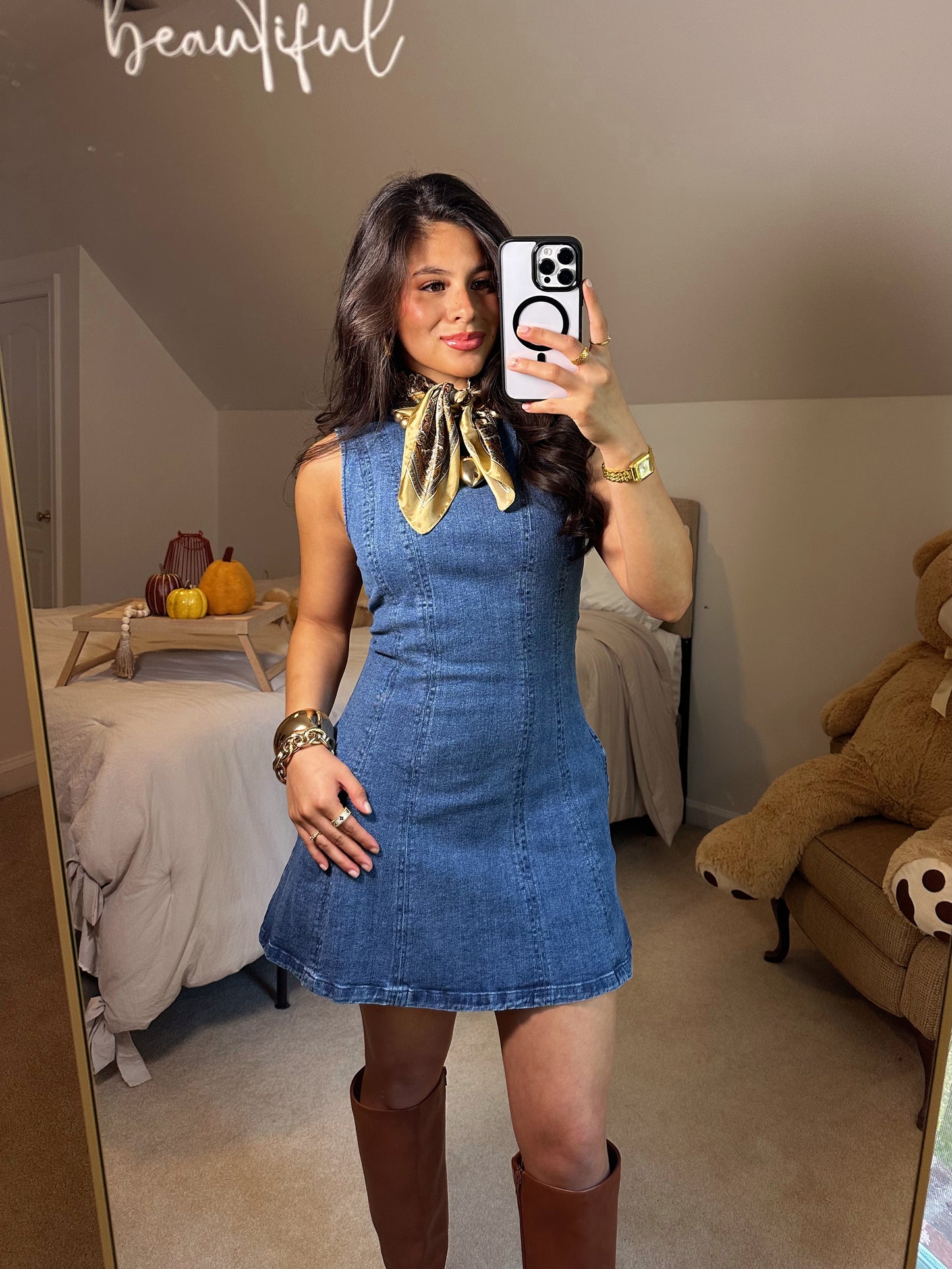 Denim Fit & Flare Stretch Mini Dress