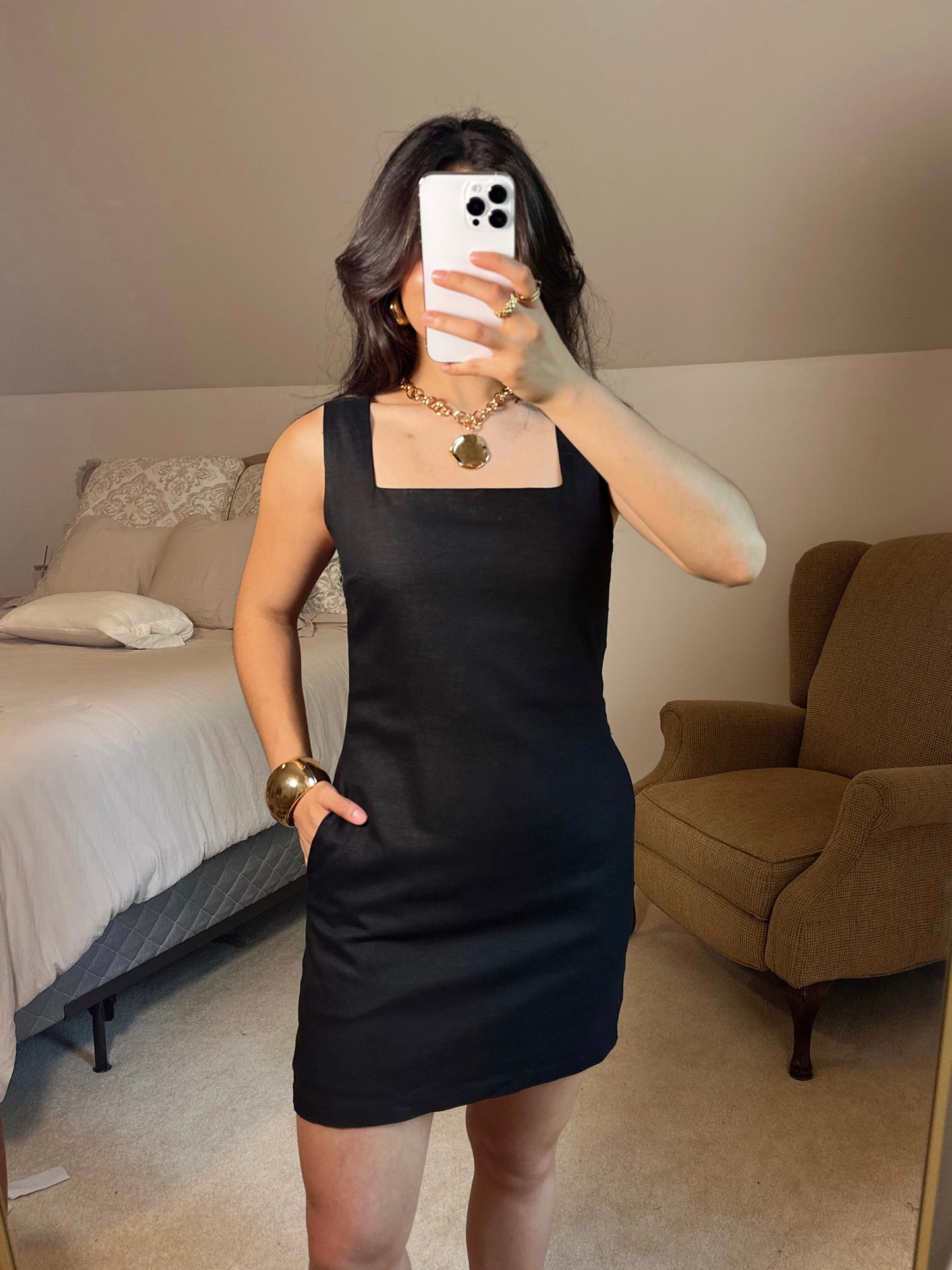 Black Linen Square Neck Dress