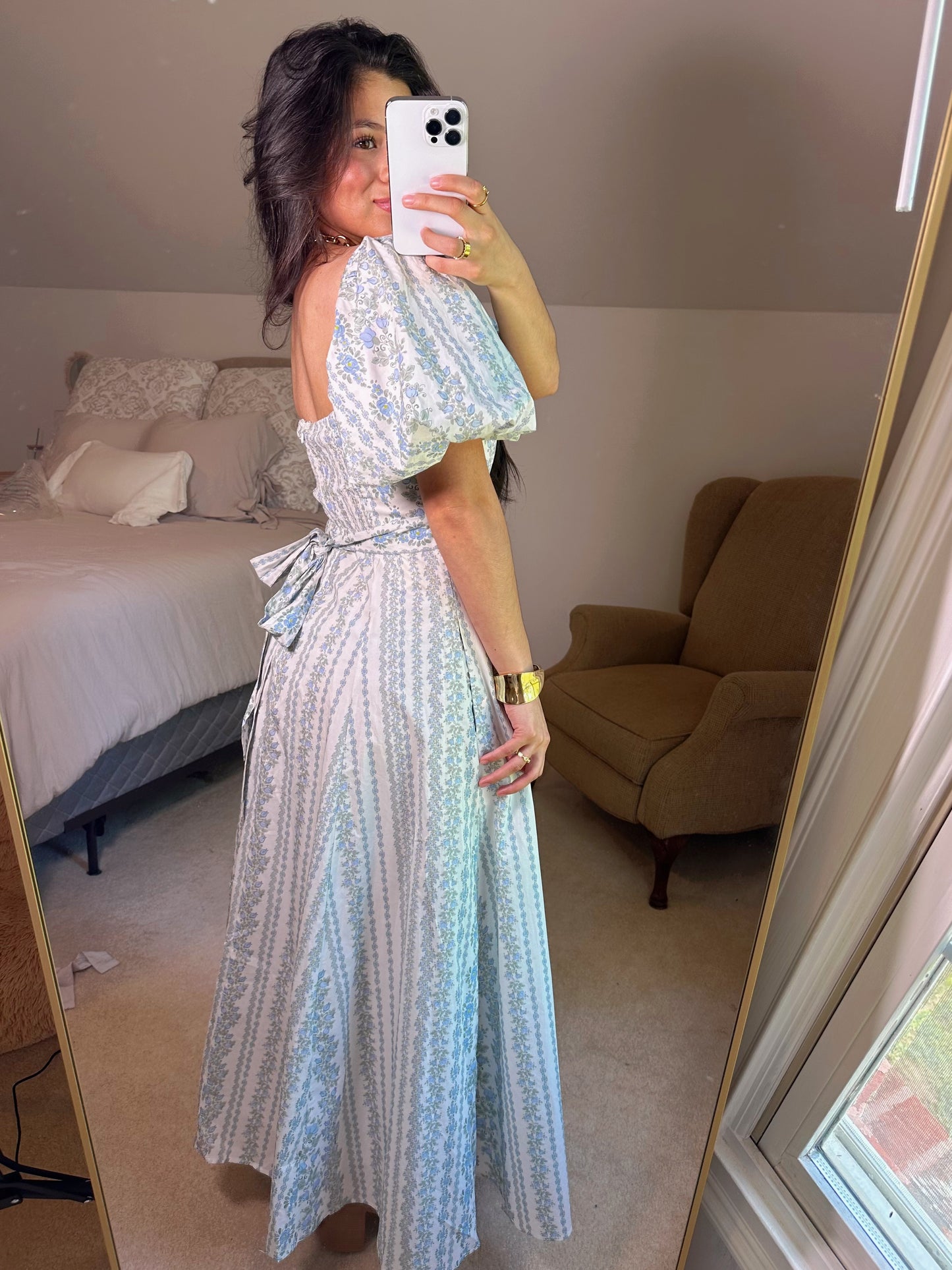 Blue Florals Puff Sleeve Maxi Dress