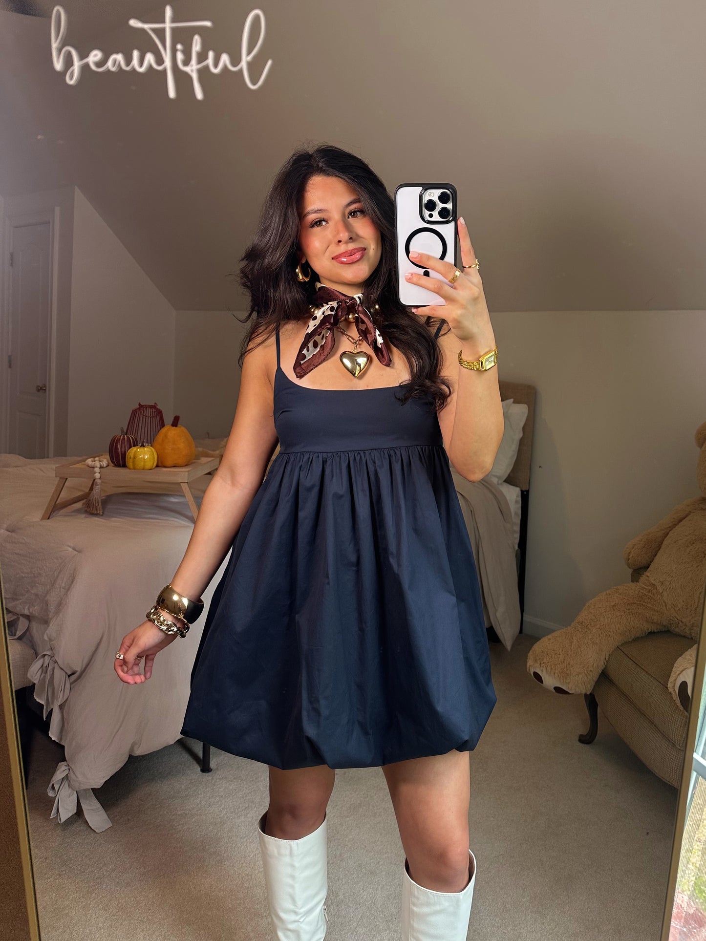 Navy Poplin Bubble Hem Dress